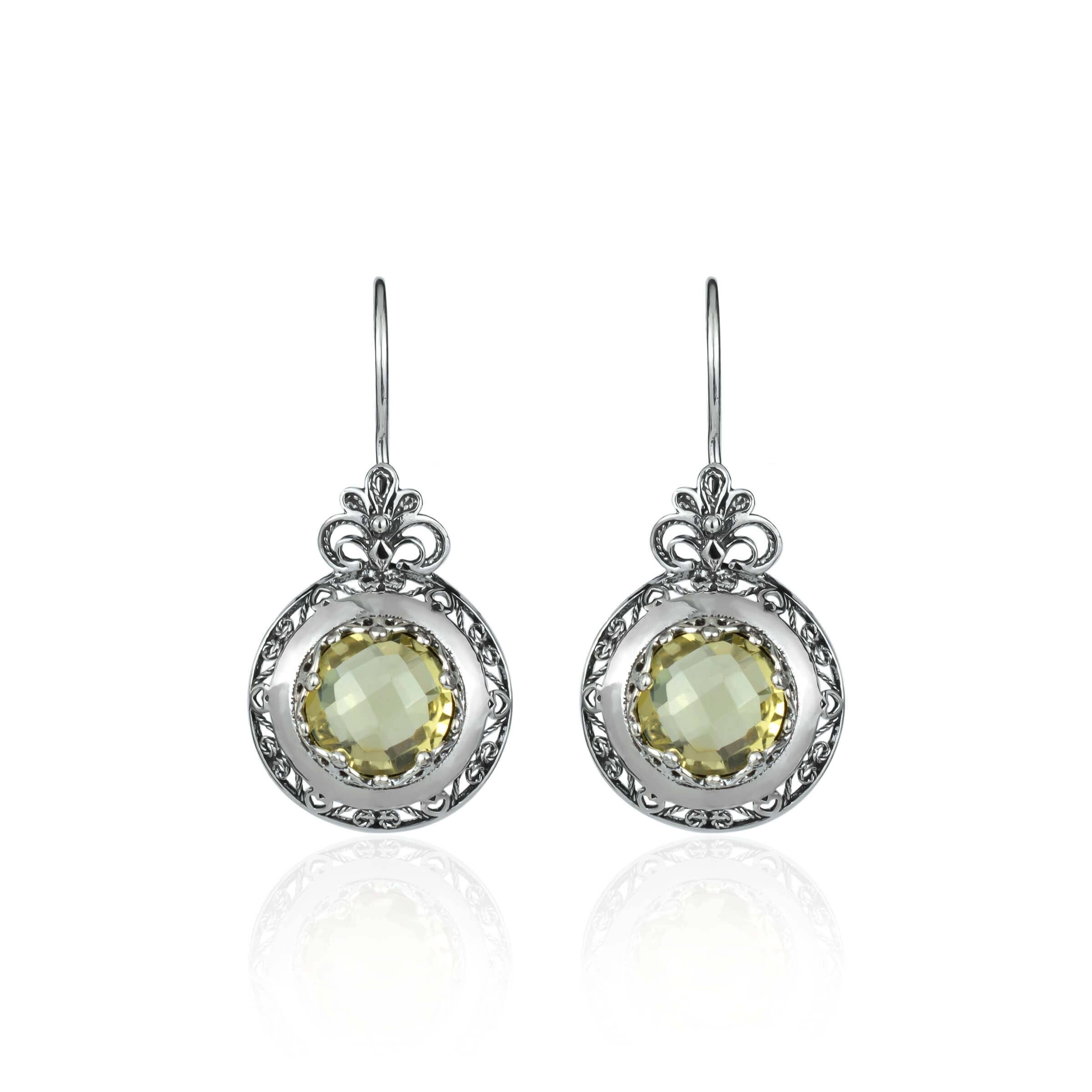 Elegant silver drop earrings featuring intricate filigree art and vibrant lemon quartz gemstones, perfect for women.