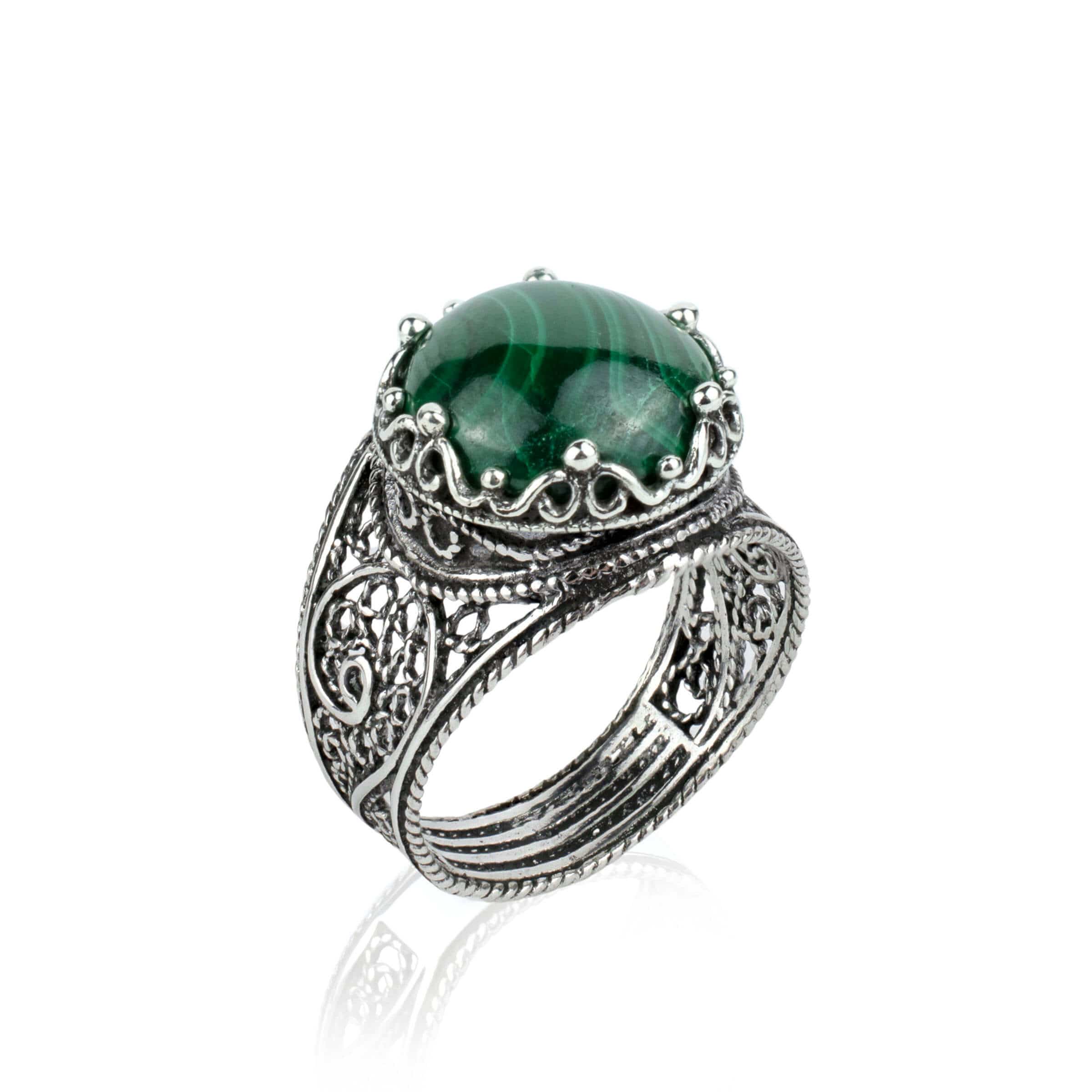 Handmade Filigree Art Malachite Gemstone Crown Design Silver Cocktail Ring featuring intricate filigree work and a vibrant green Malachite gemstone.