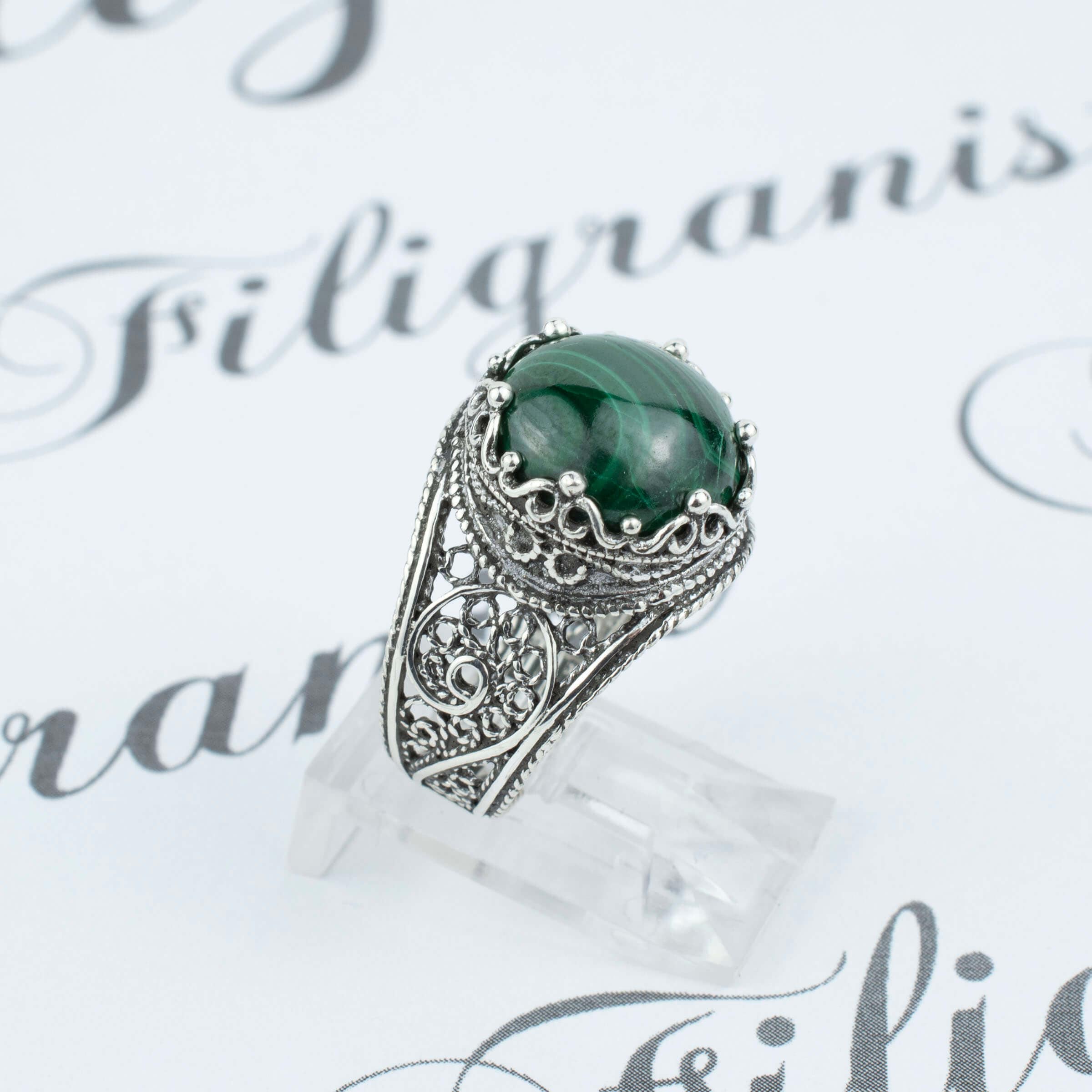 Handmade Filigree Art Malachite Gemstone Crown Design Silver Cocktail Ring featuring intricate filigree work and a vibrant green Malachite gemstone.