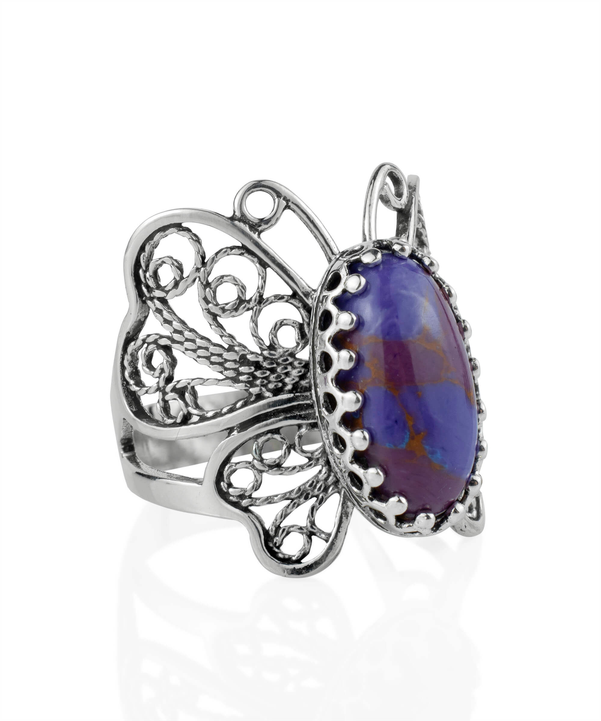 Sterling silver filigree butterfly ring featuring a Mojave turquoise gemstone, elegantly designed for women.