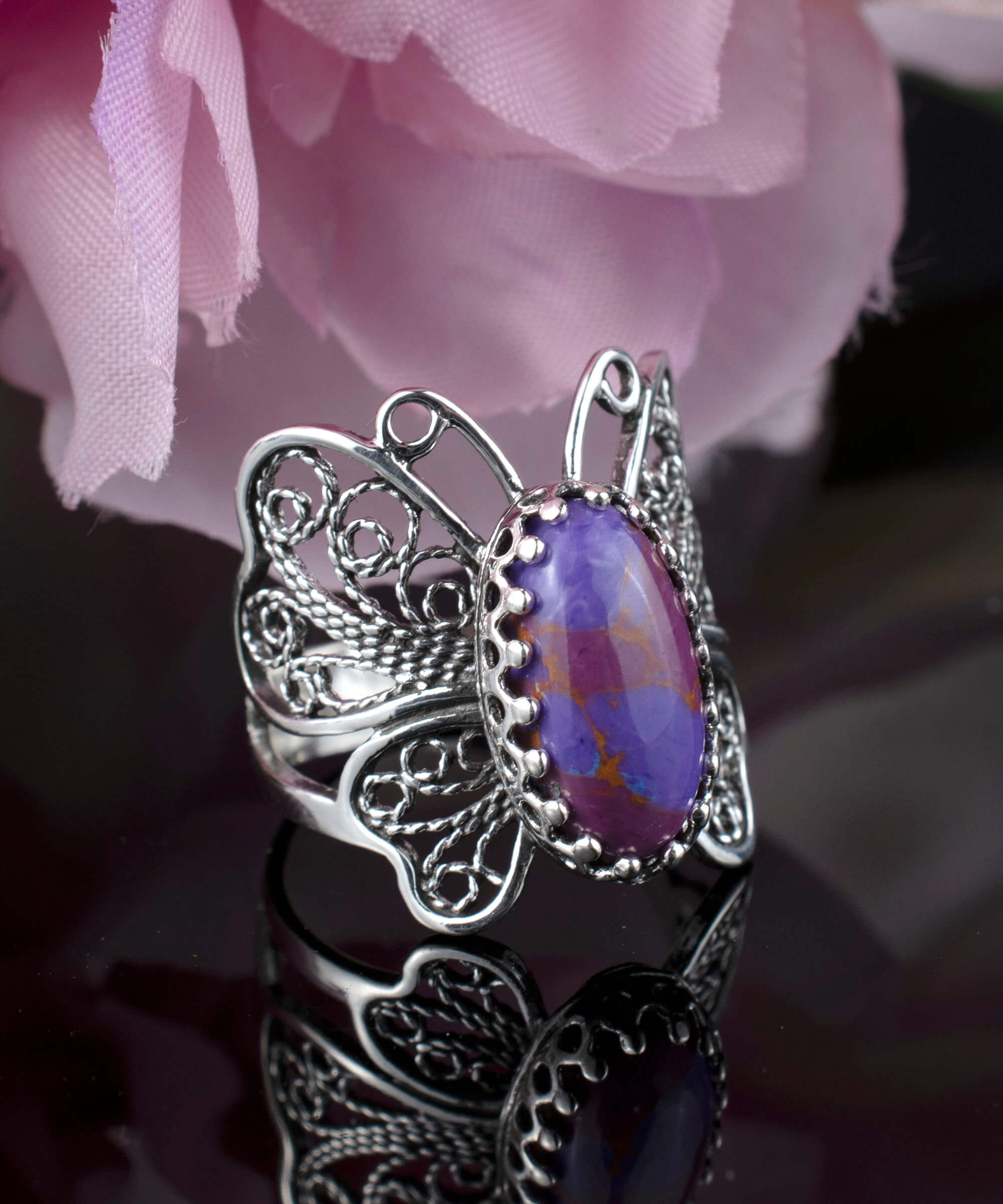 Sterling silver filigree butterfly ring featuring a Mojave turquoise gemstone, elegantly designed for women.