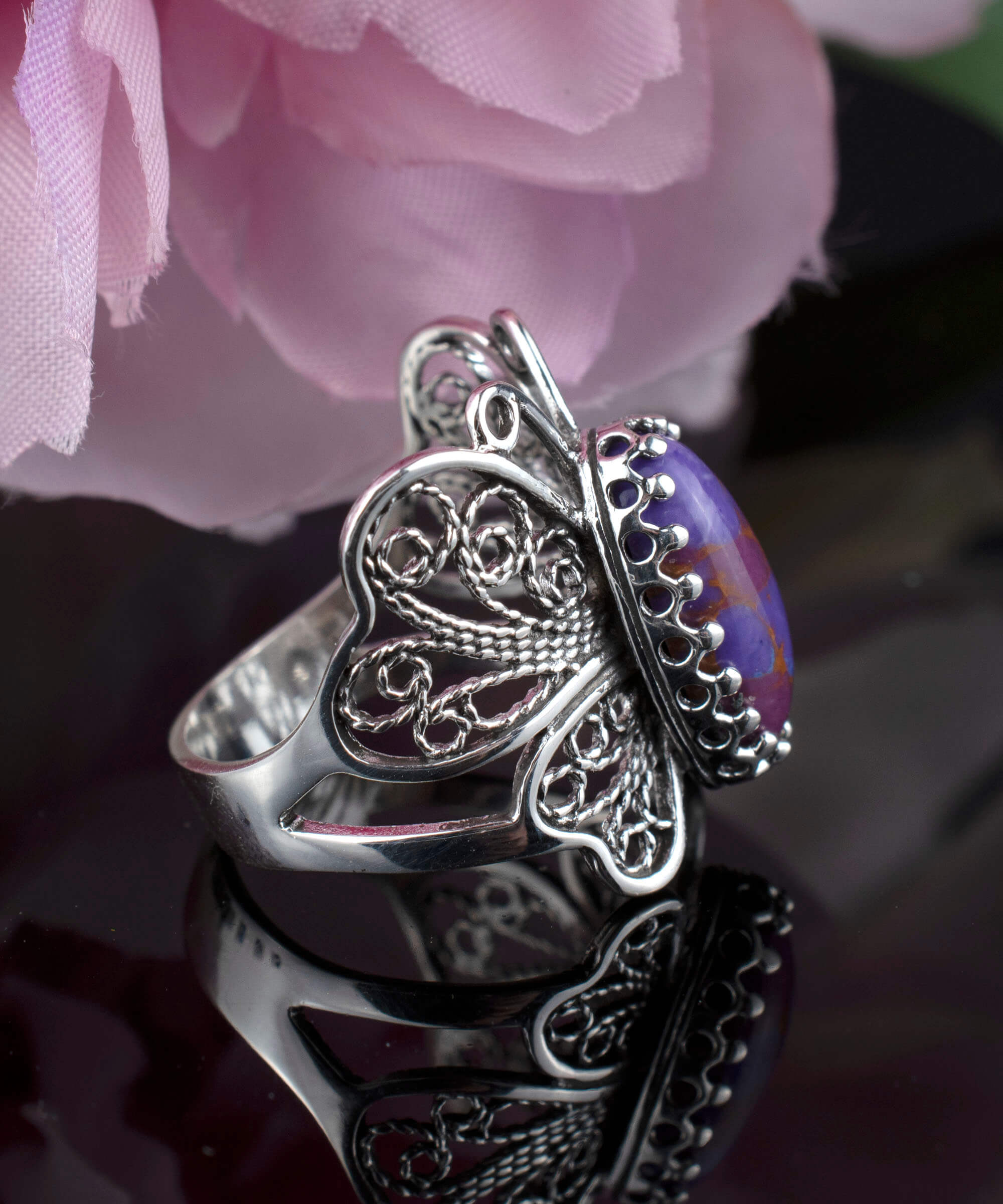 Sterling silver filigree butterfly ring featuring a Mojave turquoise gemstone, elegantly designed for women.