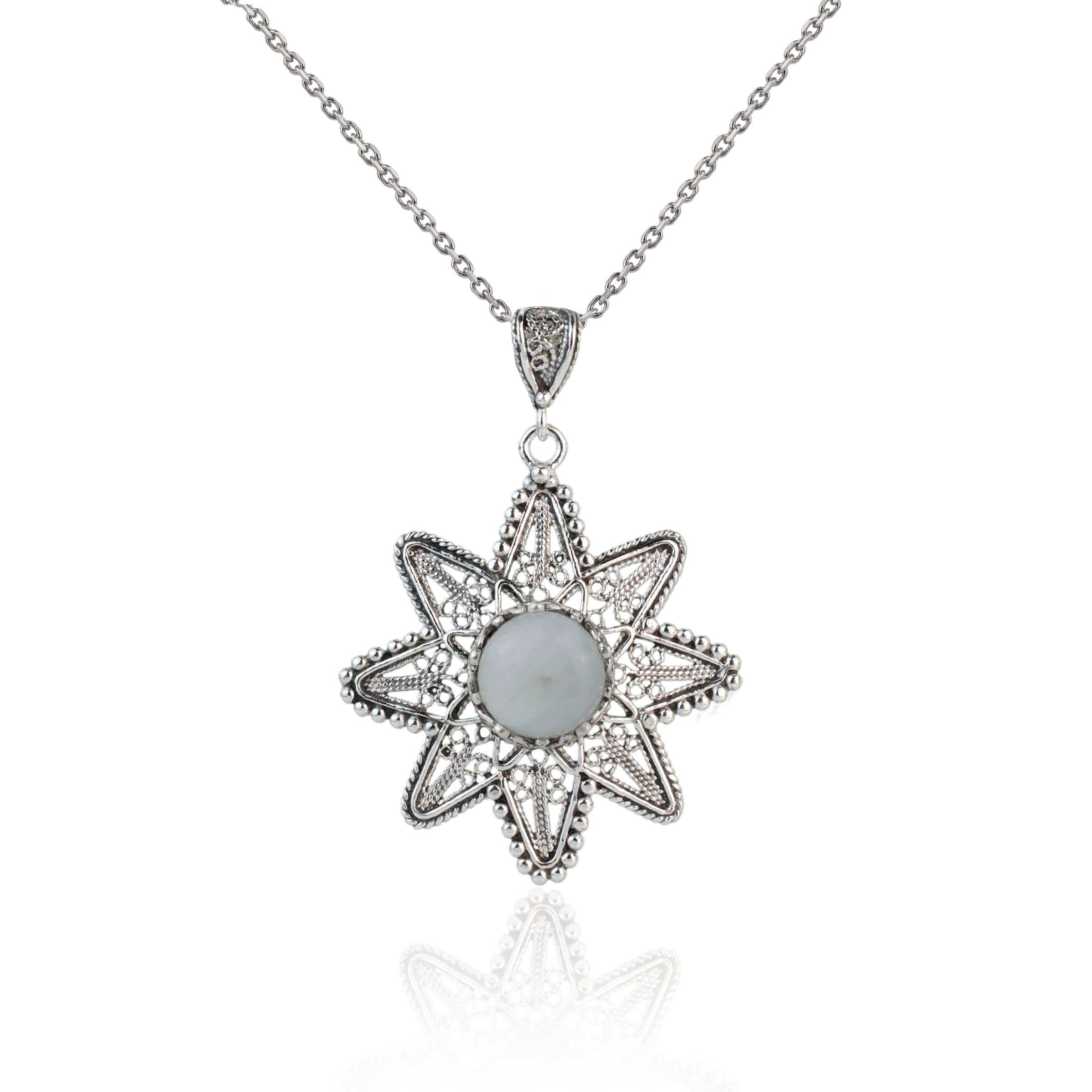 Sterling silver pendant featuring a sunflower design with filigree art and a natural Mother of Pearl gemstone.