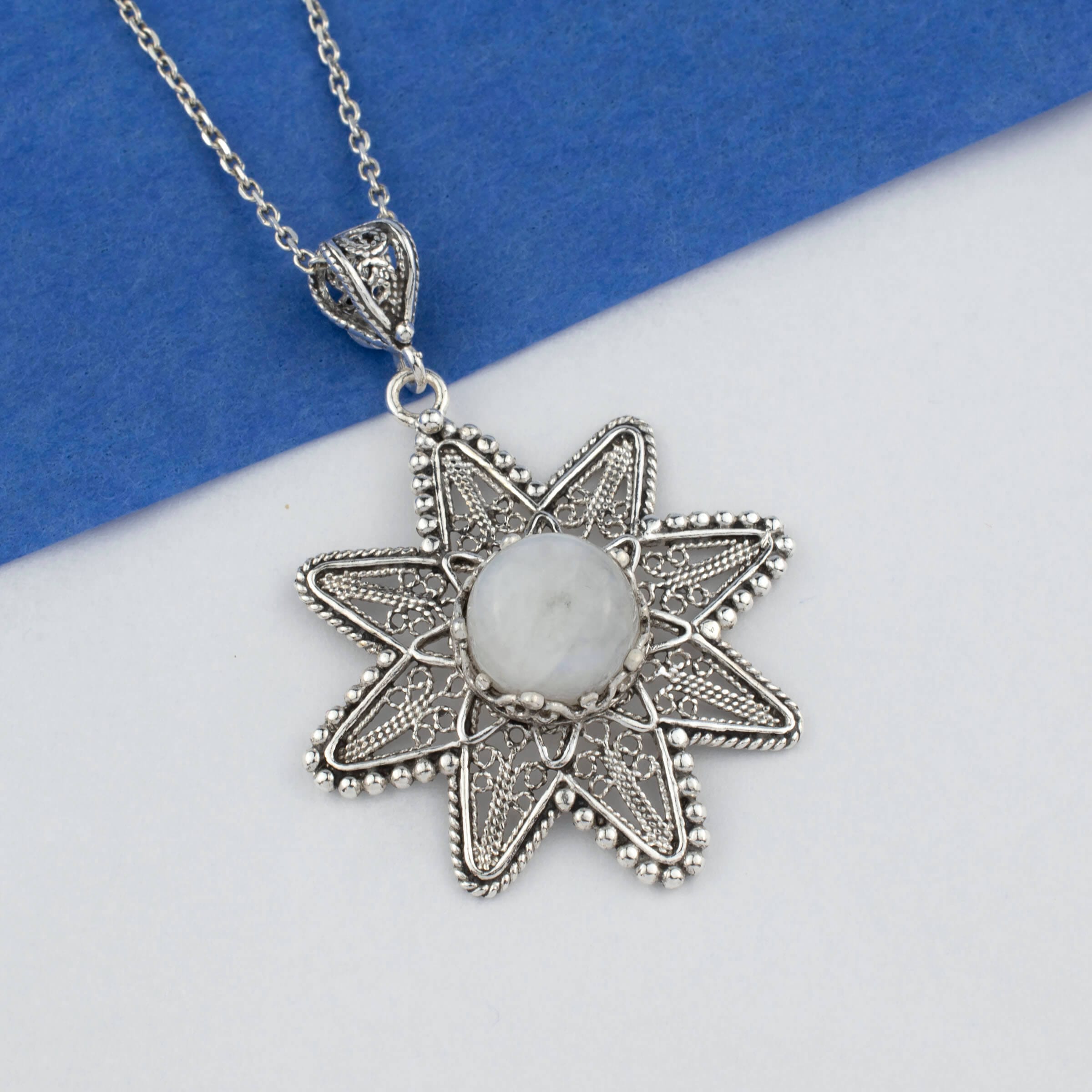 Sterling silver pendant featuring a sunflower design with filigree art and a natural Mother of Pearl gemstone.