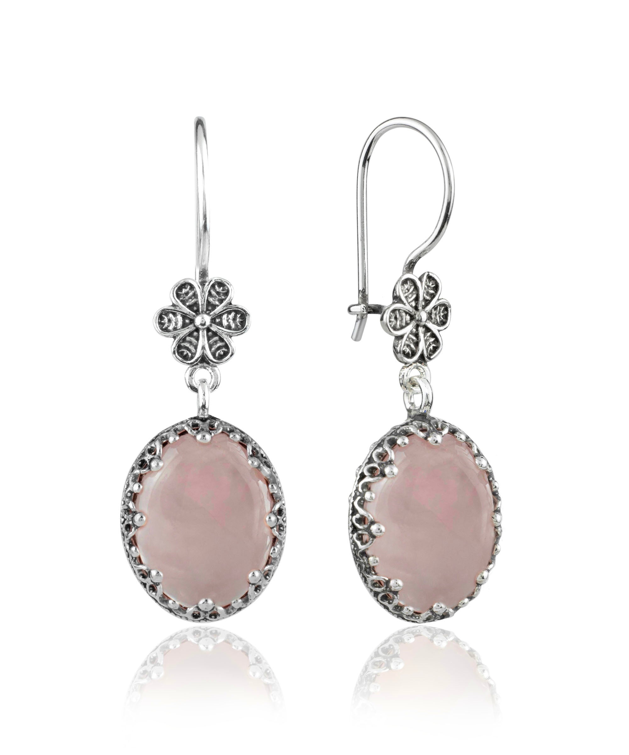 Elegant Filigree Art Rose Quartz Gemstone Dangle Earrings in sterling silver, showcasing intricate designs and a beautiful pink hue.