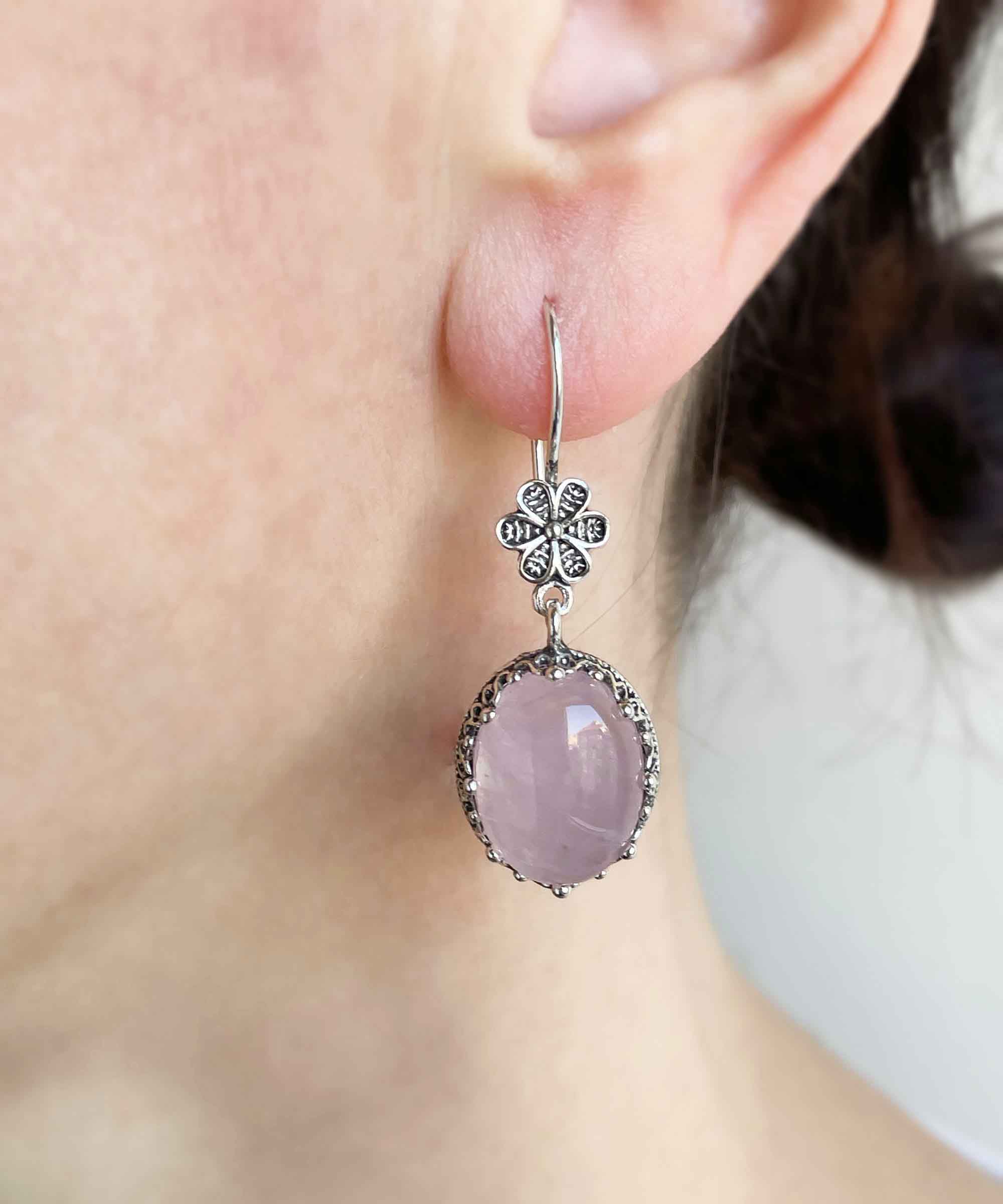 Elegant Filigree Art Rose Quartz Gemstone Dangle Earrings in sterling silver, showcasing intricate designs and a beautiful pink hue.