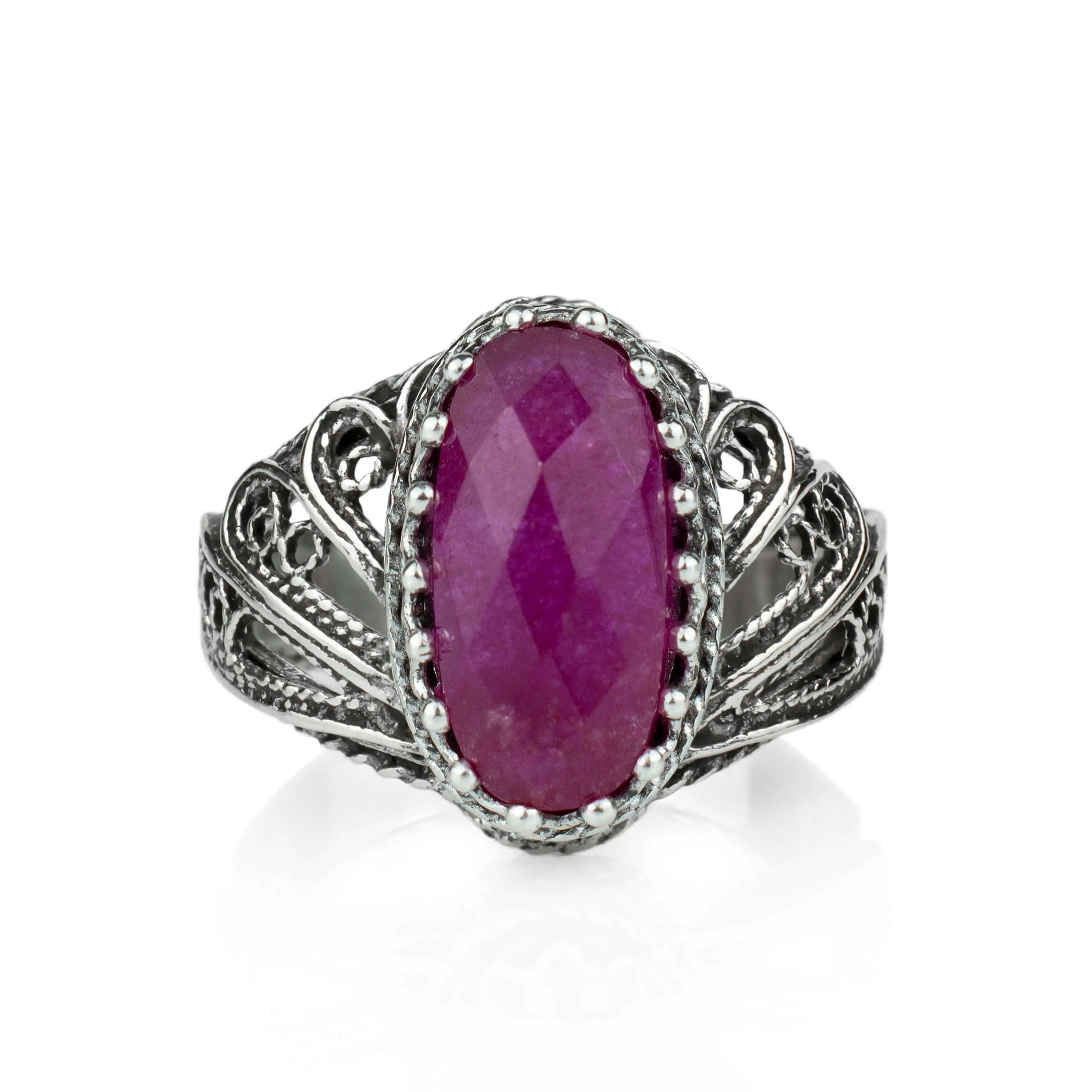 Filigree Art Ruby Corundum Gemstone Angel Design ring in 925 sterling silver, showcasing intricate angel motifs and a vibrant ruby gemstone.