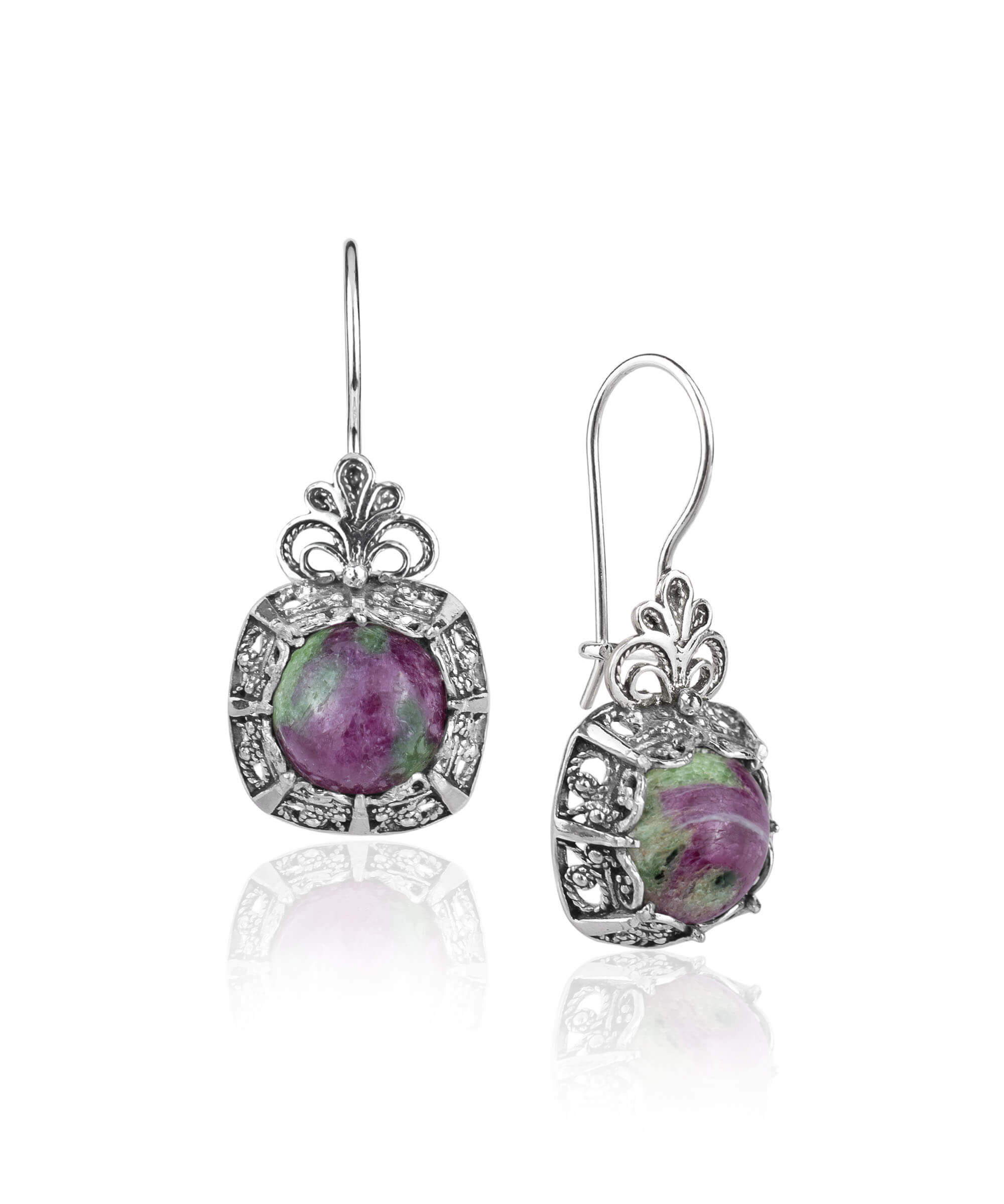 Elegant silver drop earrings featuring intricate filigree work and vibrant ruby zoisite gemstones, perfect for women.