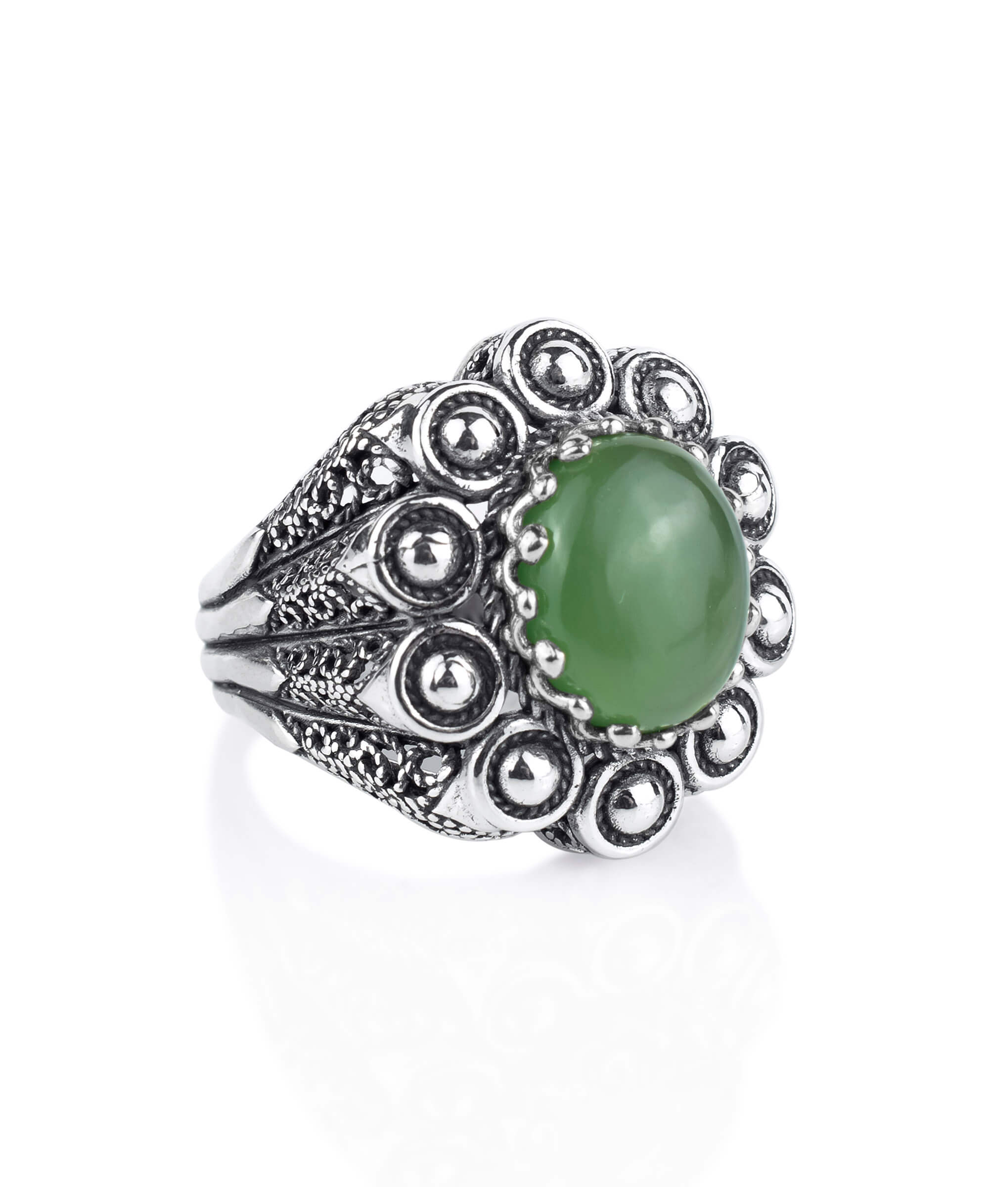 Handmade filigree art silver ring featuring a Ruby Zoisite gemstone, showcasing intricate designs and an antique finish.