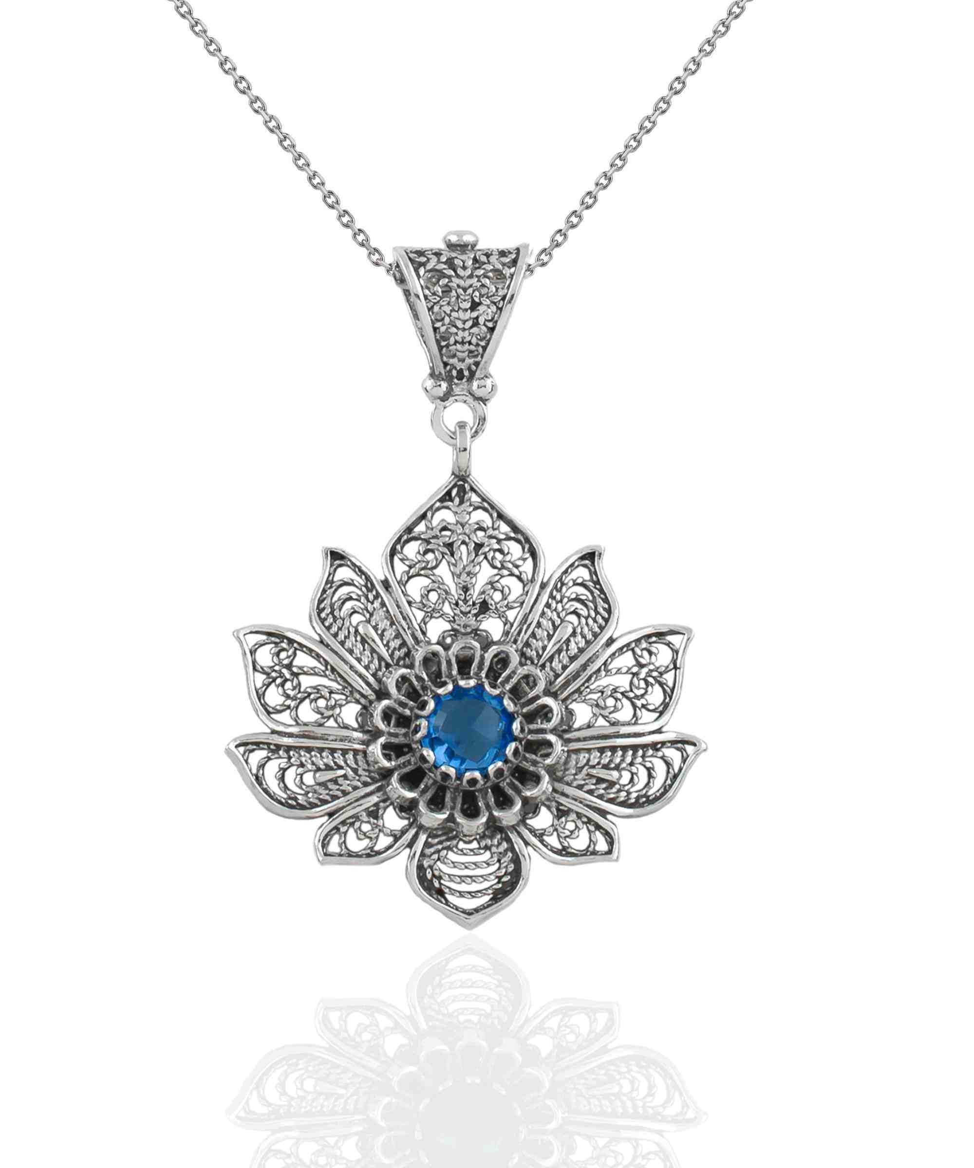 Handcrafted 925 Sterling Silver lotus flower pendant featuring a blue quartz gemstone, elegantly designed with intricate filigree art.