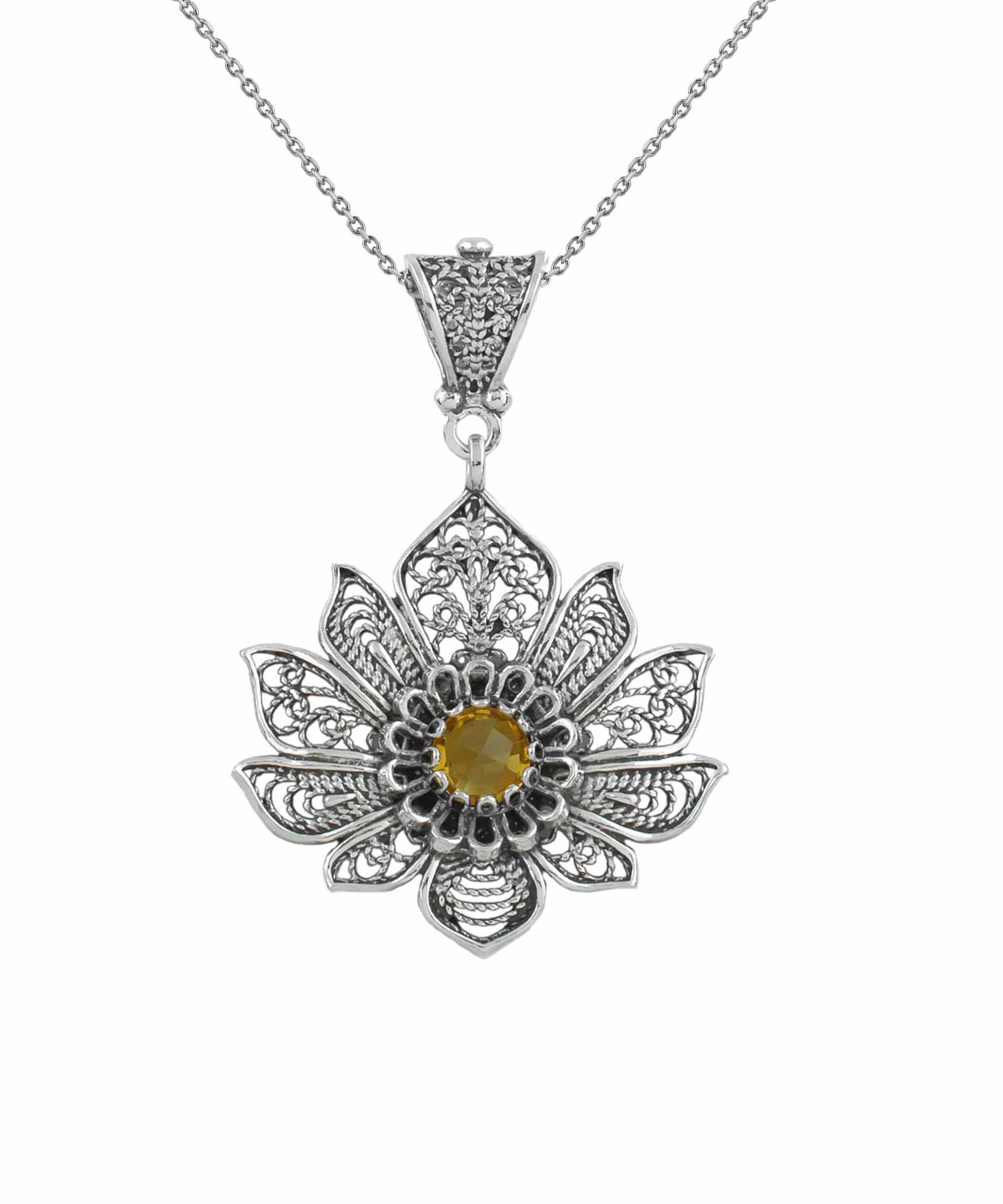 Handcrafted 925 Sterling Silver Lotus Flower Pendant with Citrine Gemstone, showcasing intricate filigree art design.