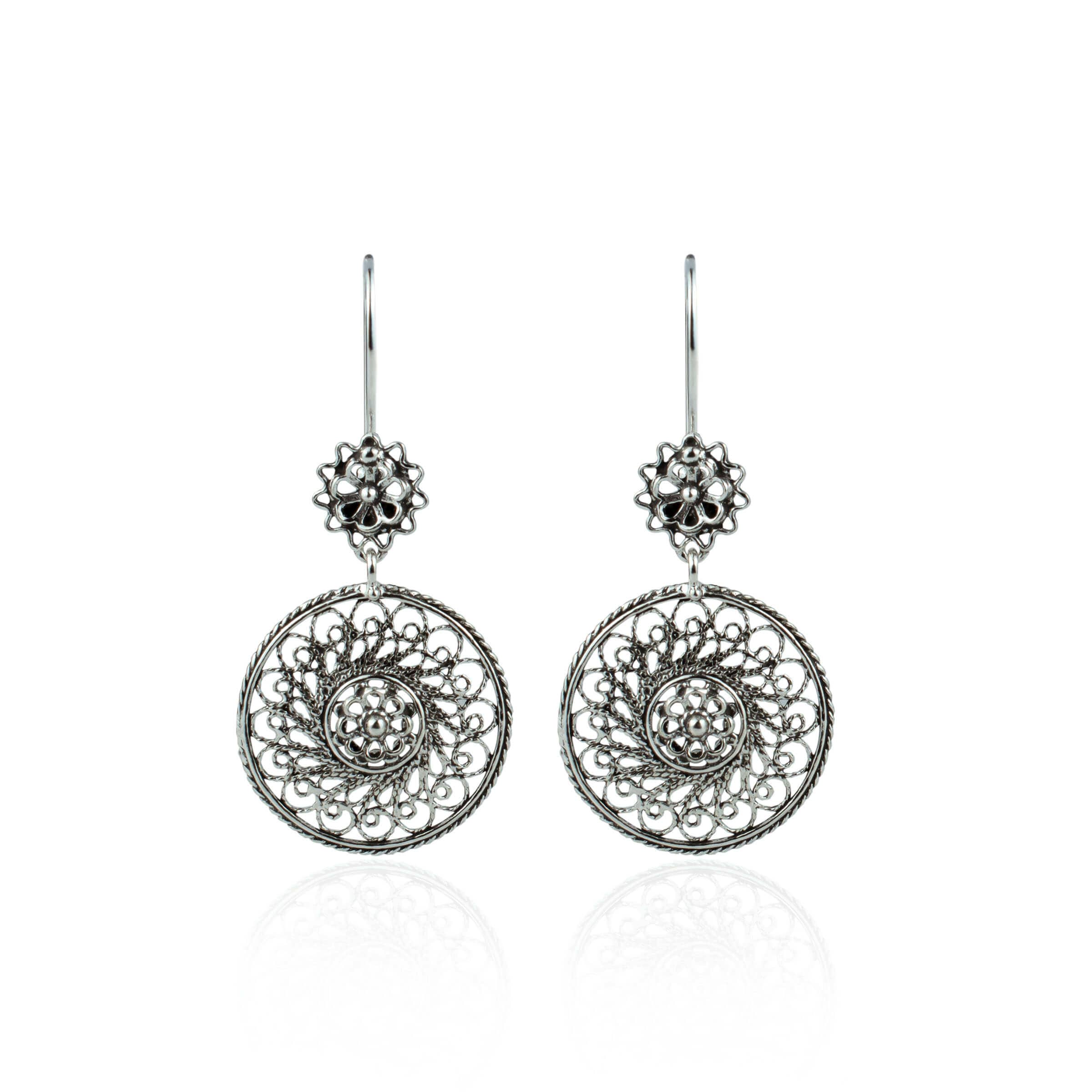 Elegant sterling silver dangle drop earrings featuring intricate filigree spiral flower design, showcasing antique and modern artistry.