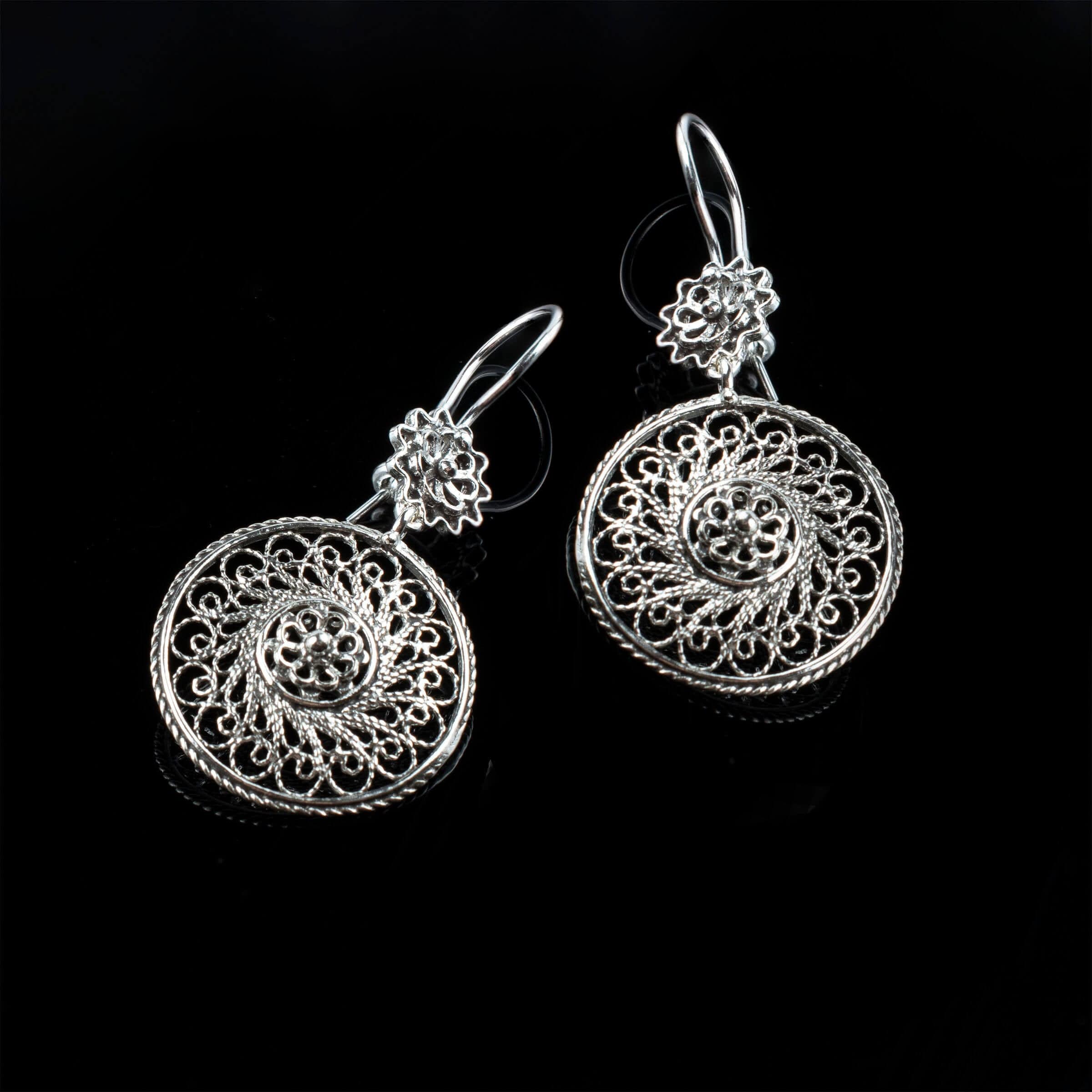 Elegant sterling silver dangle drop earrings featuring intricate filigree spiral flower design, showcasing antique and modern artistry.