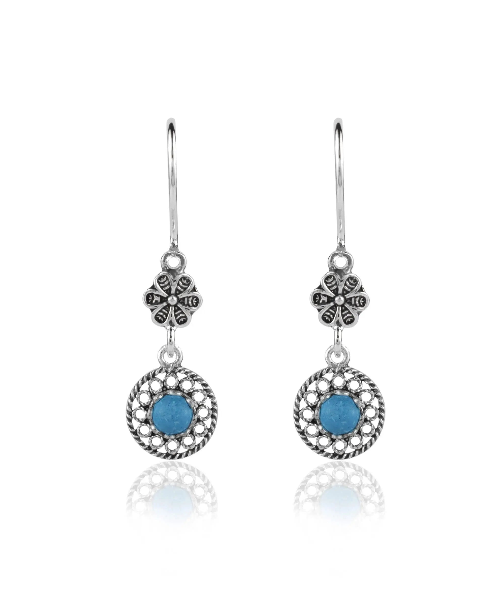 Elegant handmade silver dangle earrings featuring cabochon cut gemstones in various colors, showcasing intricate filigree design.