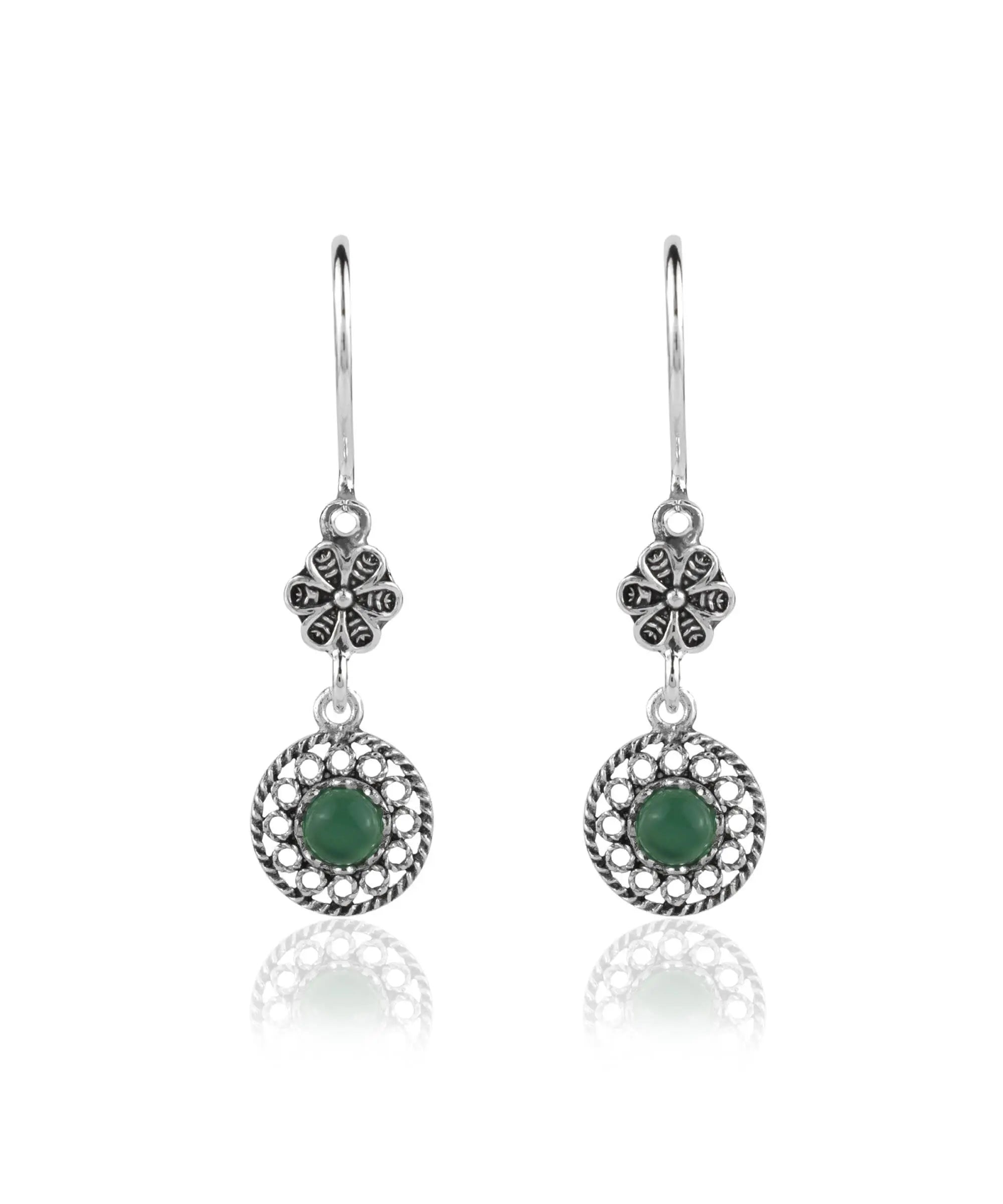 Elegant handmade silver dangle earrings featuring cabochon cut gemstones in various colors, showcasing intricate filigree design.