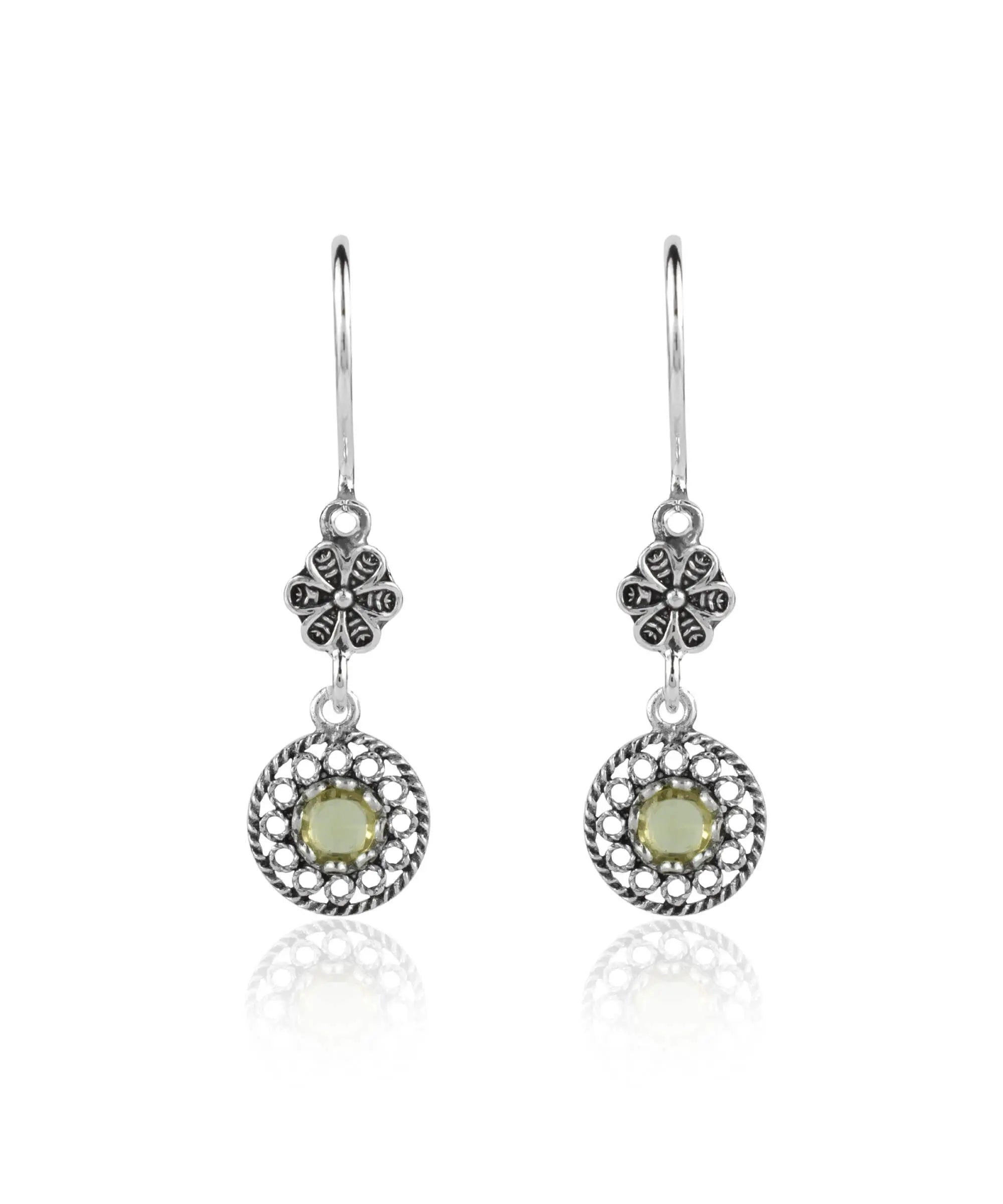 Elegant silver dangle earrings featuring sun-shaped filigree design with colorful gemstones including Amethyst, Blue Topaz, Blue Quartz, and Citrine.