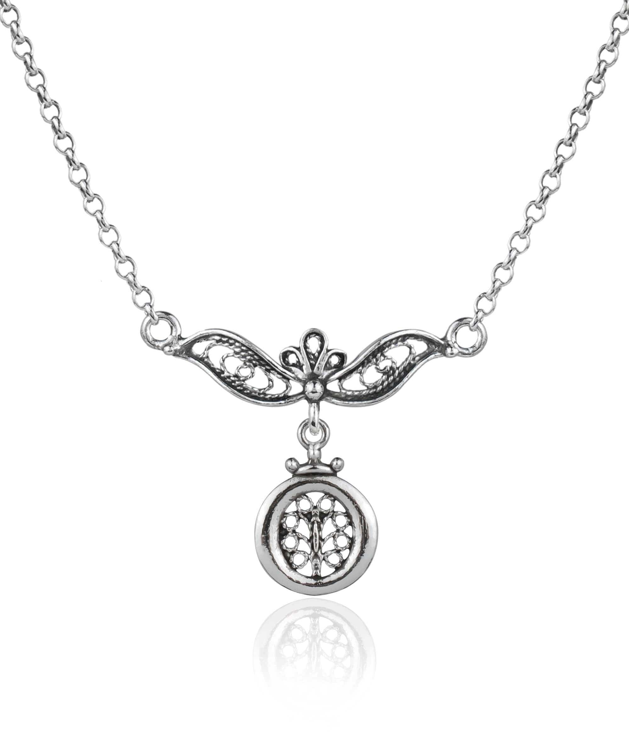 Elegant 925 sterling silver choker necklace featuring a filigree art tree of life pendant, showcasing intricate craftsmanship and design.