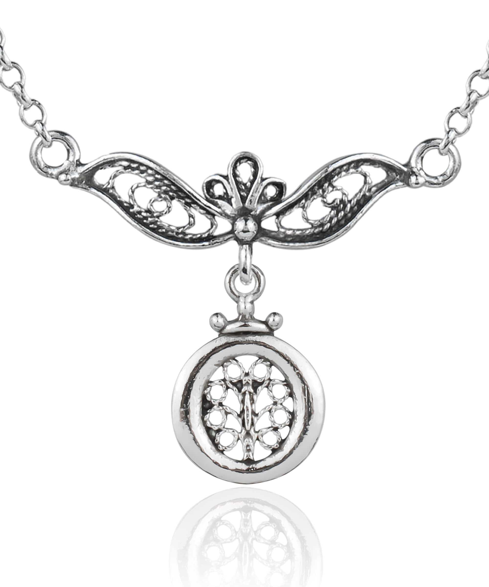 Elegant 925 sterling silver choker necklace featuring a filigree art tree of life pendant, showcasing intricate craftsmanship and design.