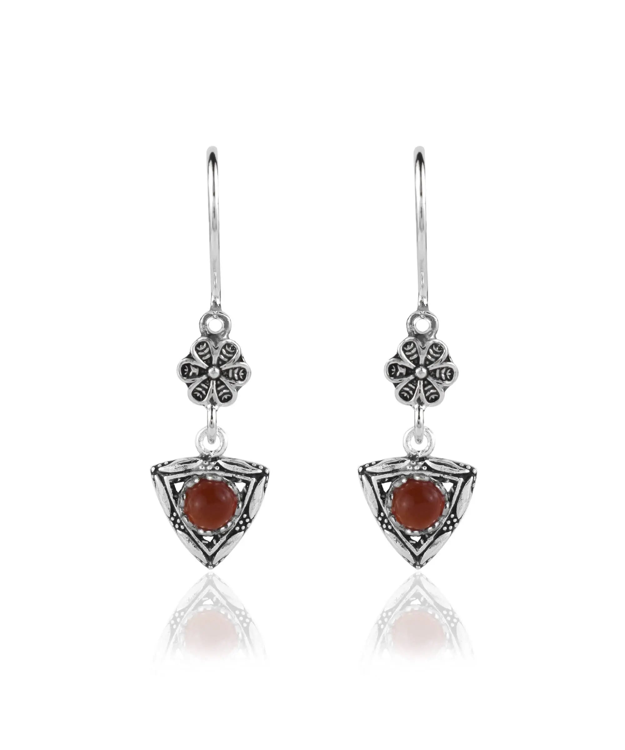 Elegant handmade silver dangle earrings featuring colorful cabochon gemstones in a filigree design, perfect for women.