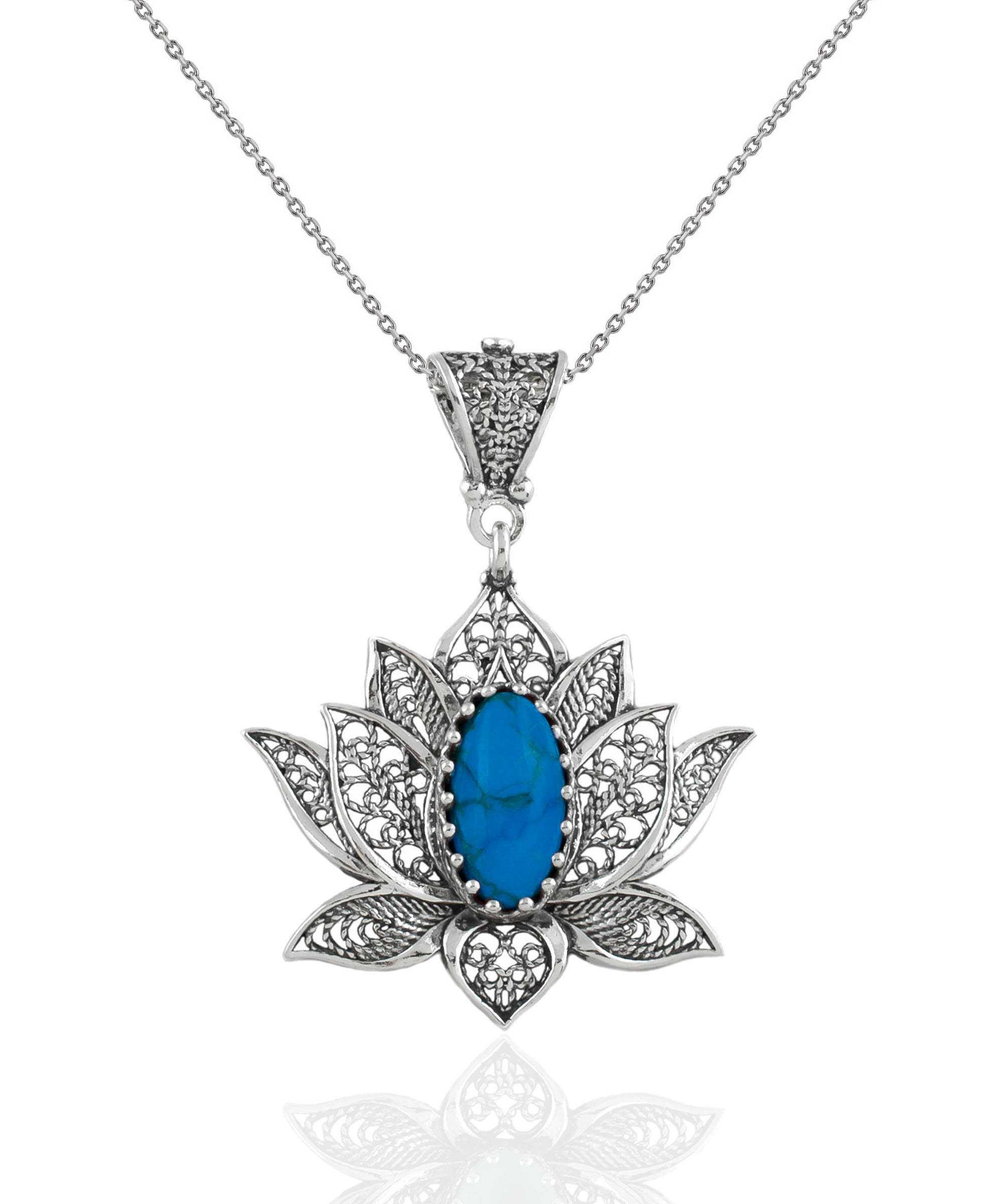 Elegant 925 Sterling Silver pendant necklace featuring a turquoise gemstone lotus flower with intricate filigree design.