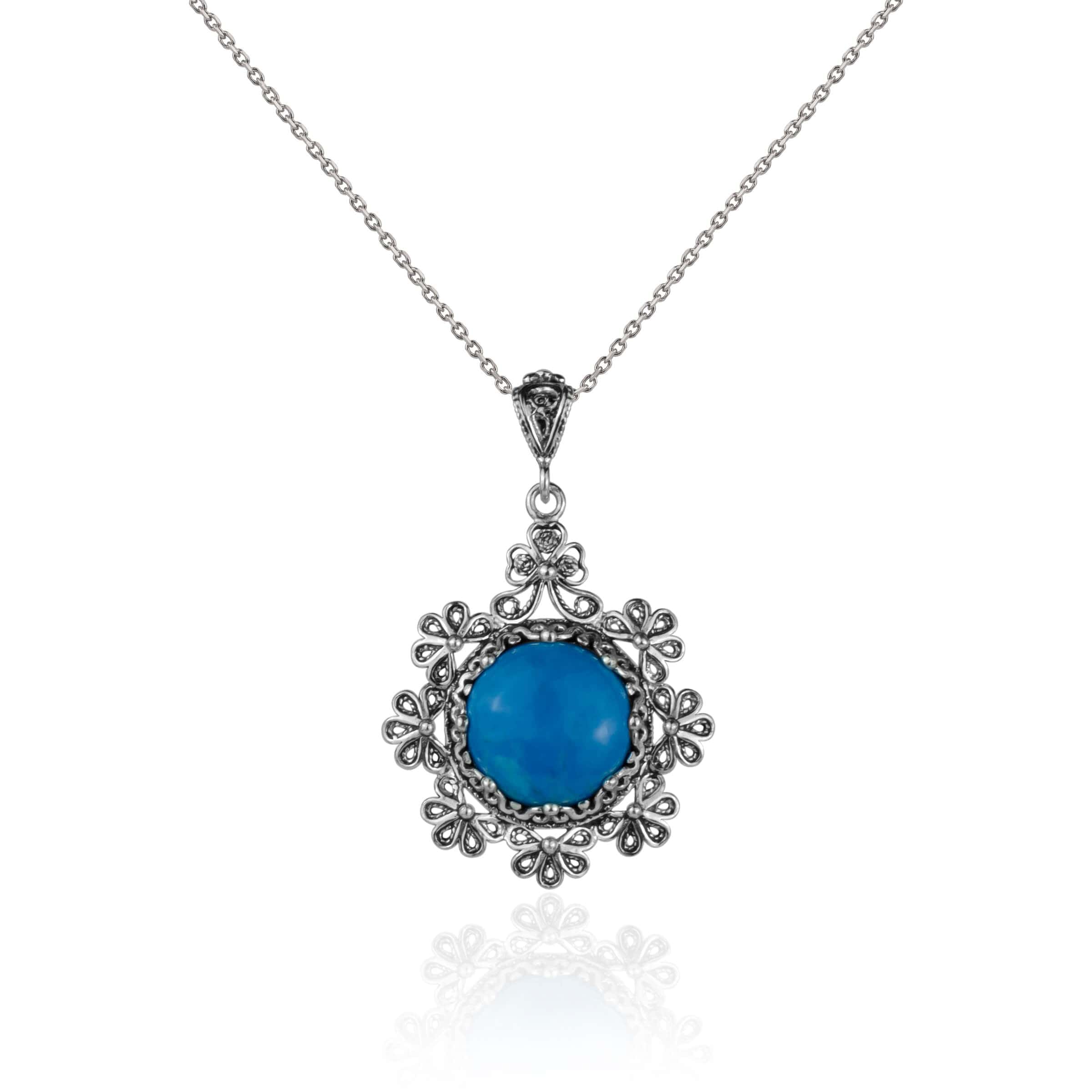 Sterling silver filigree pendant featuring a turquoise gemstone in a floral design, showcasing intricate craftsmanship.