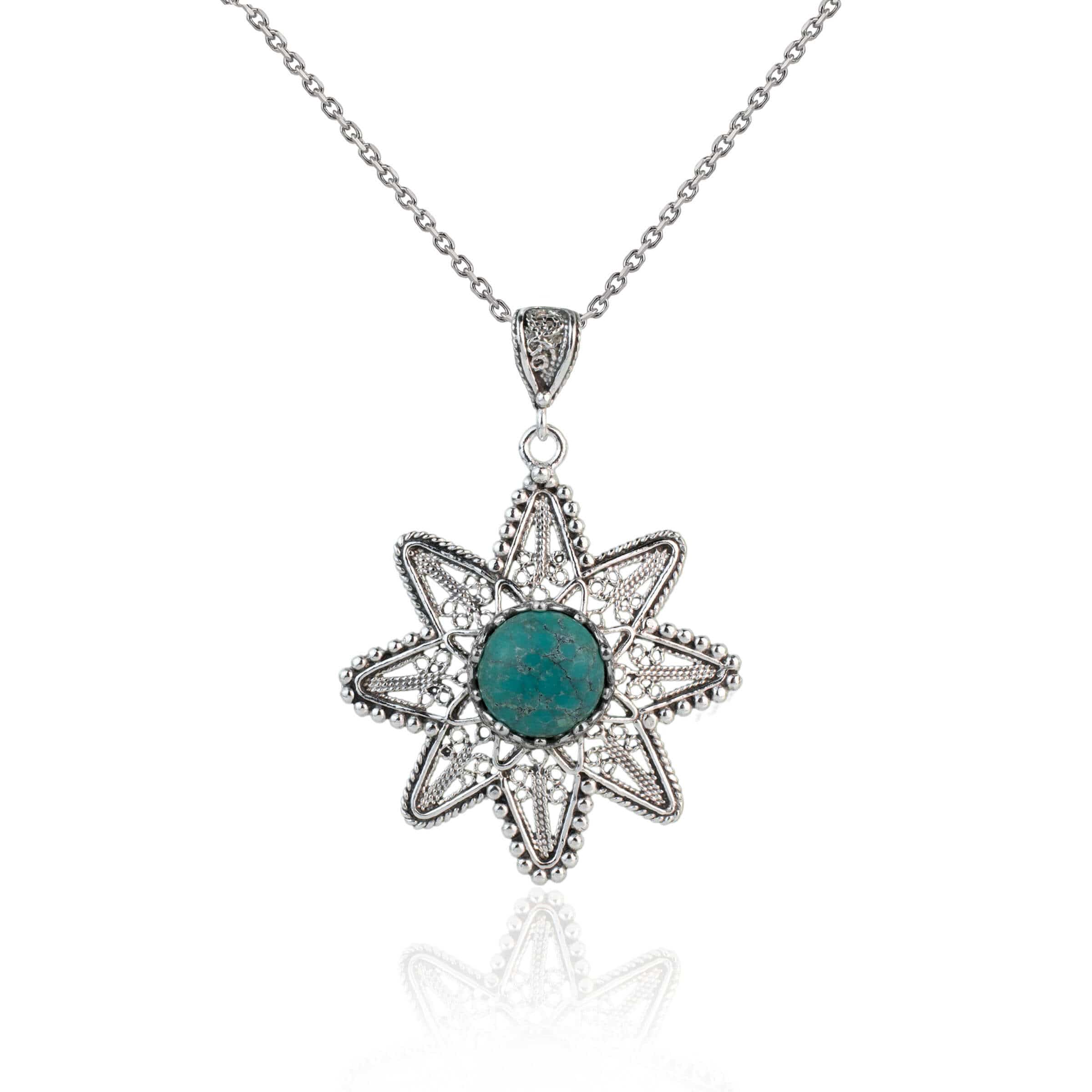 Sterling silver pendant featuring a turquoise gemstone in a sunflower design, showcasing intricate filigree art.