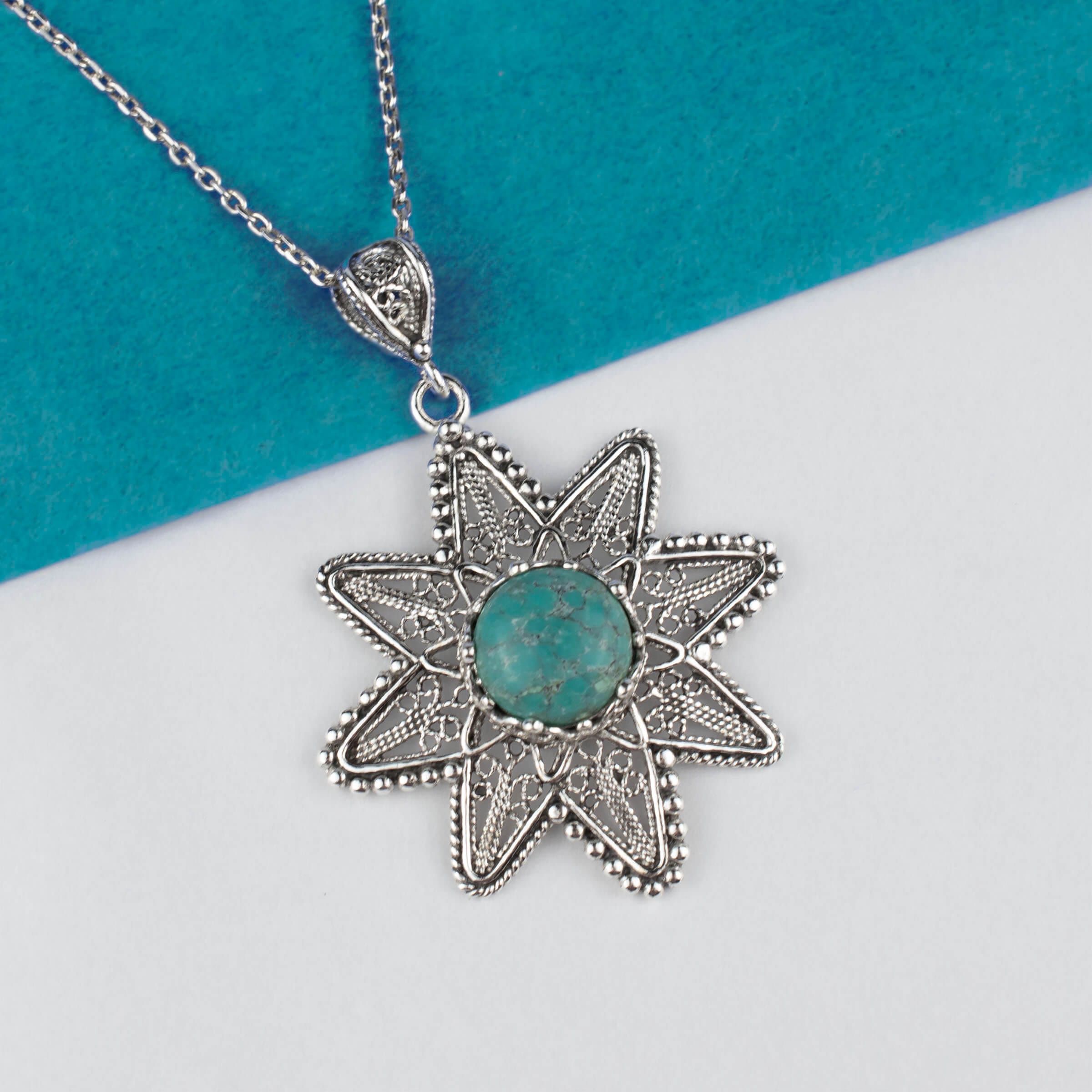 Sterling silver pendant featuring a turquoise gemstone in a sunflower design, showcasing intricate filigree art.