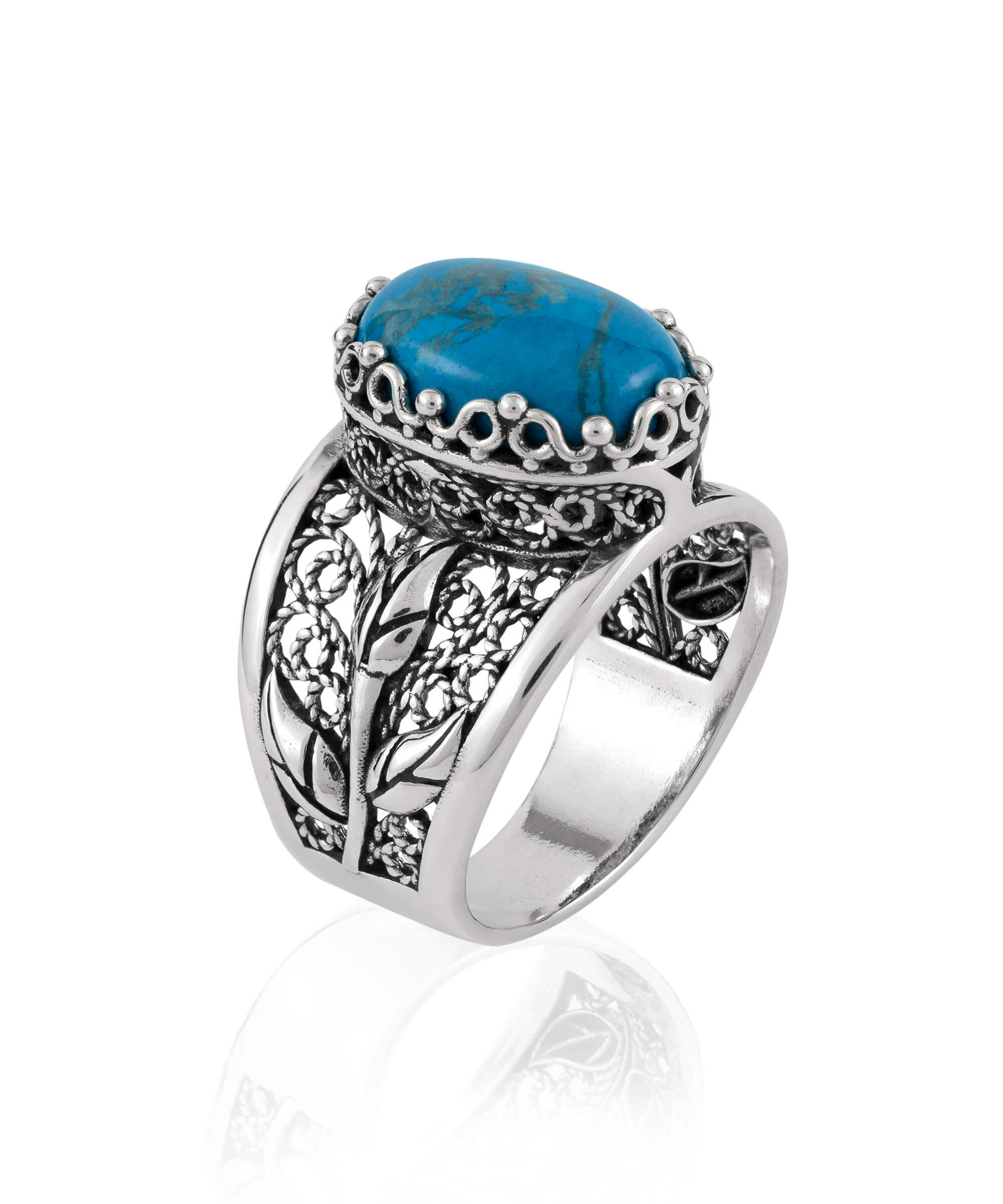 Elegant 925 Sterling Silver ring featuring a lab-created Turquoise Gemstone in a filigree design, perfect for women.