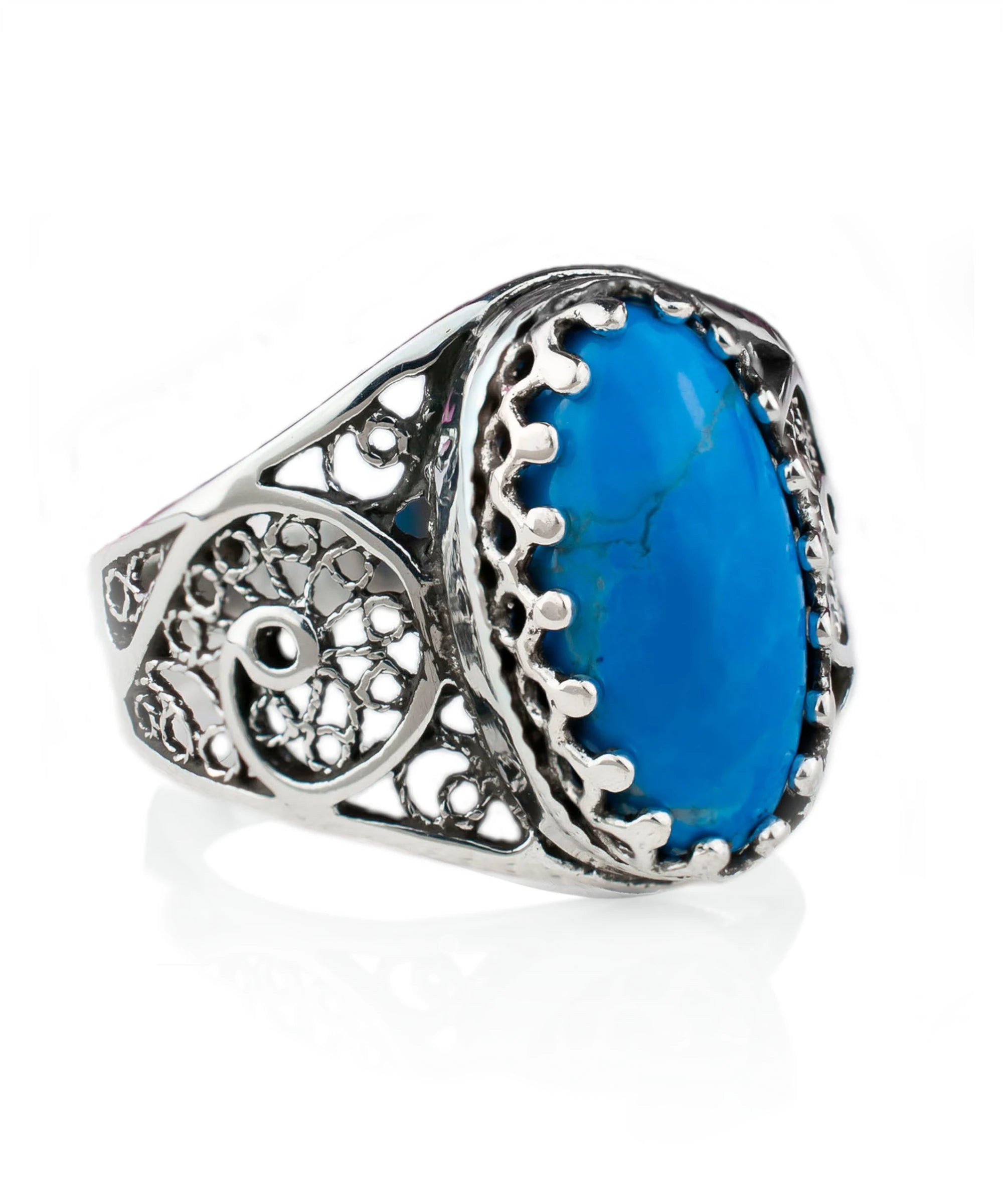 Elegant Filigree Art Turquoise Gemstone Oval Silver Cocktail Ring showcasing intricate metalwork and a vibrant turquoise stone.