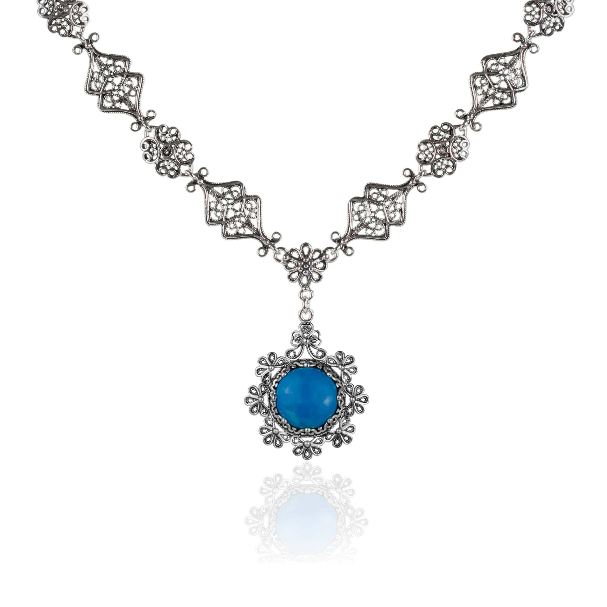 A stunning 925 sterling silver choker necklace featuring a turquoise gemstone in a delicate filigree design, perfect for women.