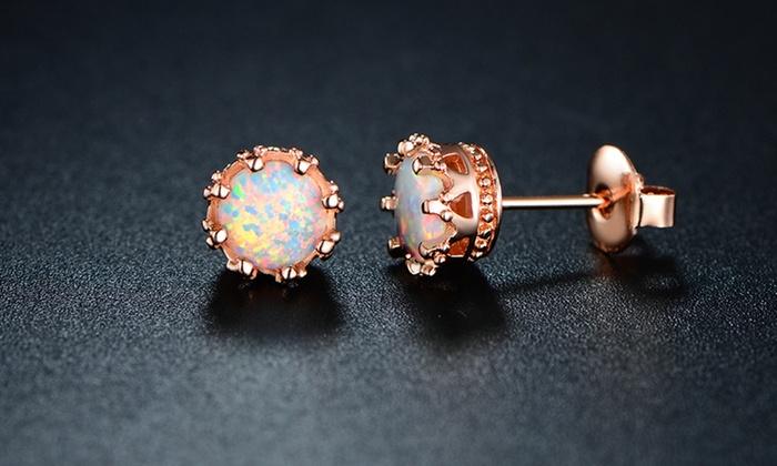 Elegant Fire Opal Crown Stud Earrings featuring lab-created stones set in 18K rose gold plating, perfect for women and kids.