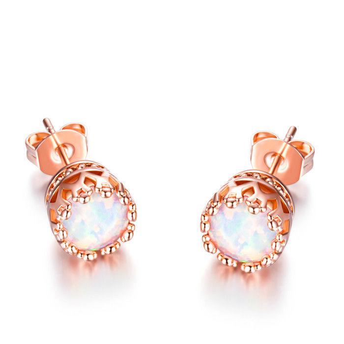 Elegant Fire Opal Crown Stud Earrings featuring lab-created stones set in 18K rose gold plating, perfect for women and kids.