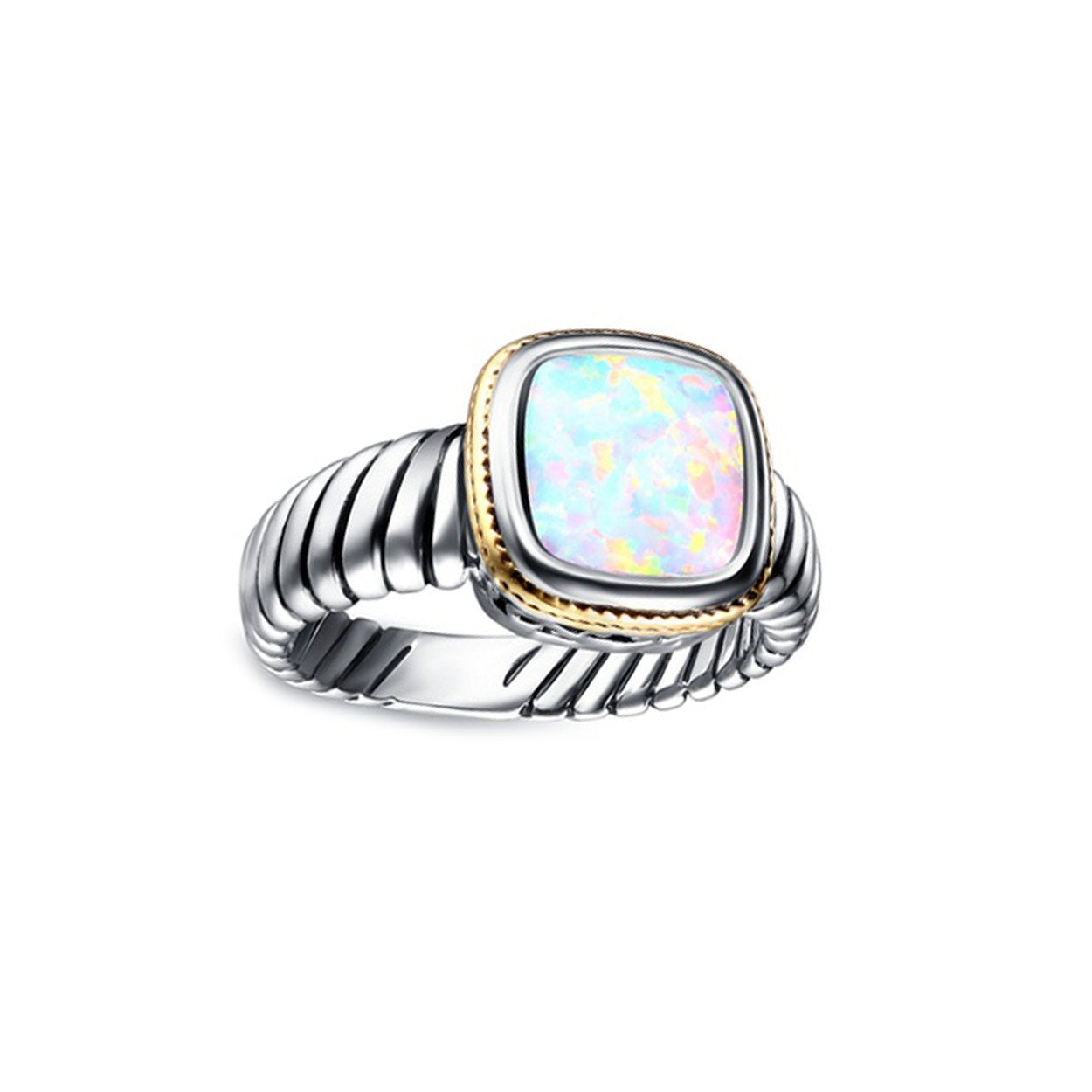 Fire Opal Oxidized Rhodium Plating Engagement Ring featuring a vibrant cushion-shaped lab-created opal set in durable brass with oxidized rhodium plating.