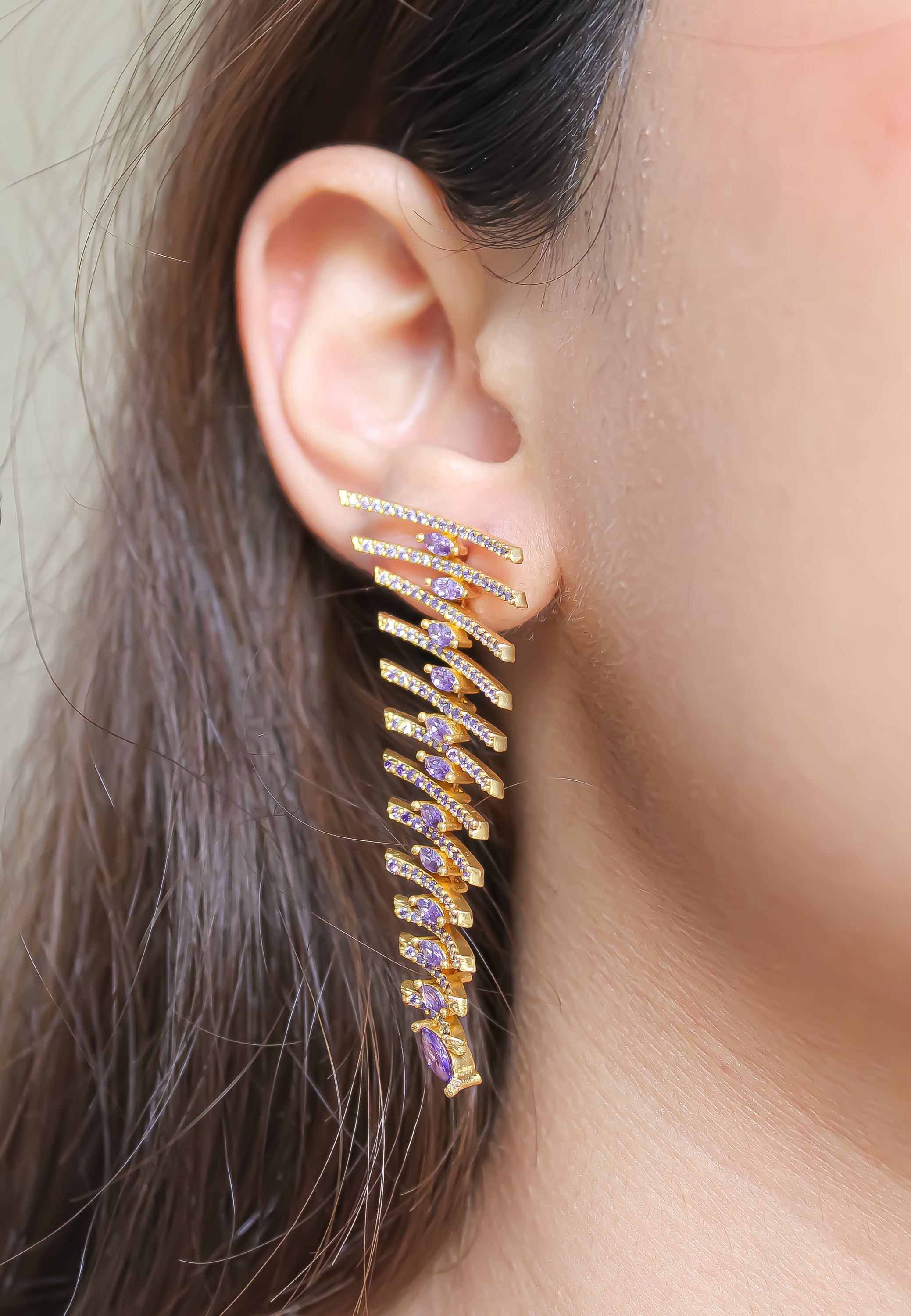 Elegant Fishbone Earrings in gold, silver, and rose-gold plating with zirconia stones, showcasing a modern design.