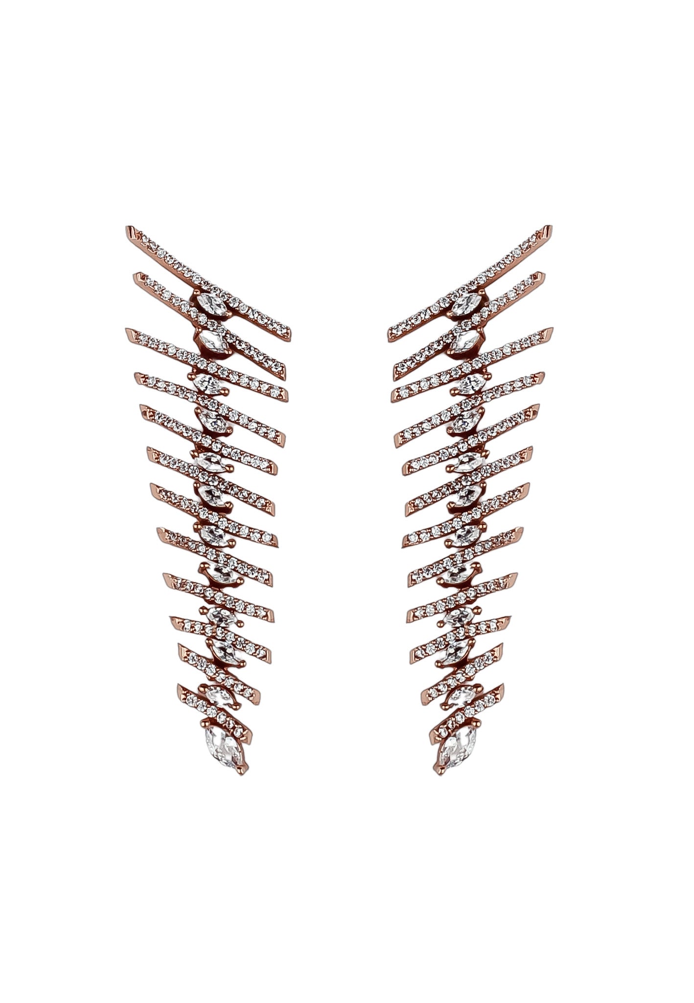 Elegant Fishbone Earrings in gold, silver, and rose-gold plating with zirconia stones, showcasing a modern design.