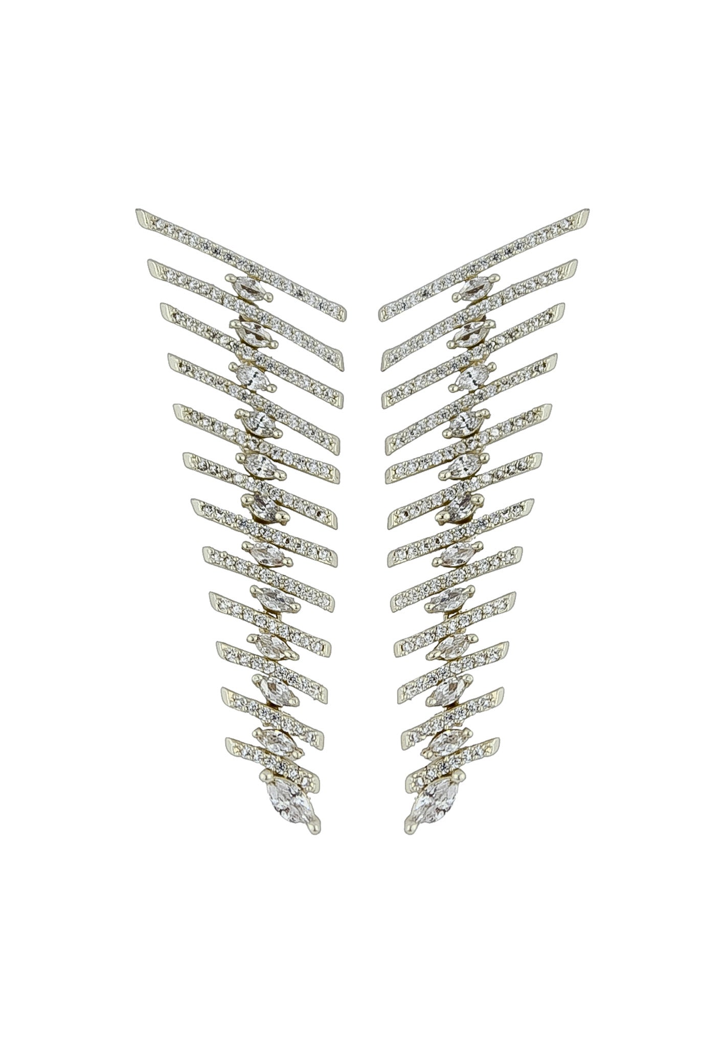 Elegant Fishbone Earrings in gold, silver, and rose-gold plating with zirconia stones, showcasing a modern design.