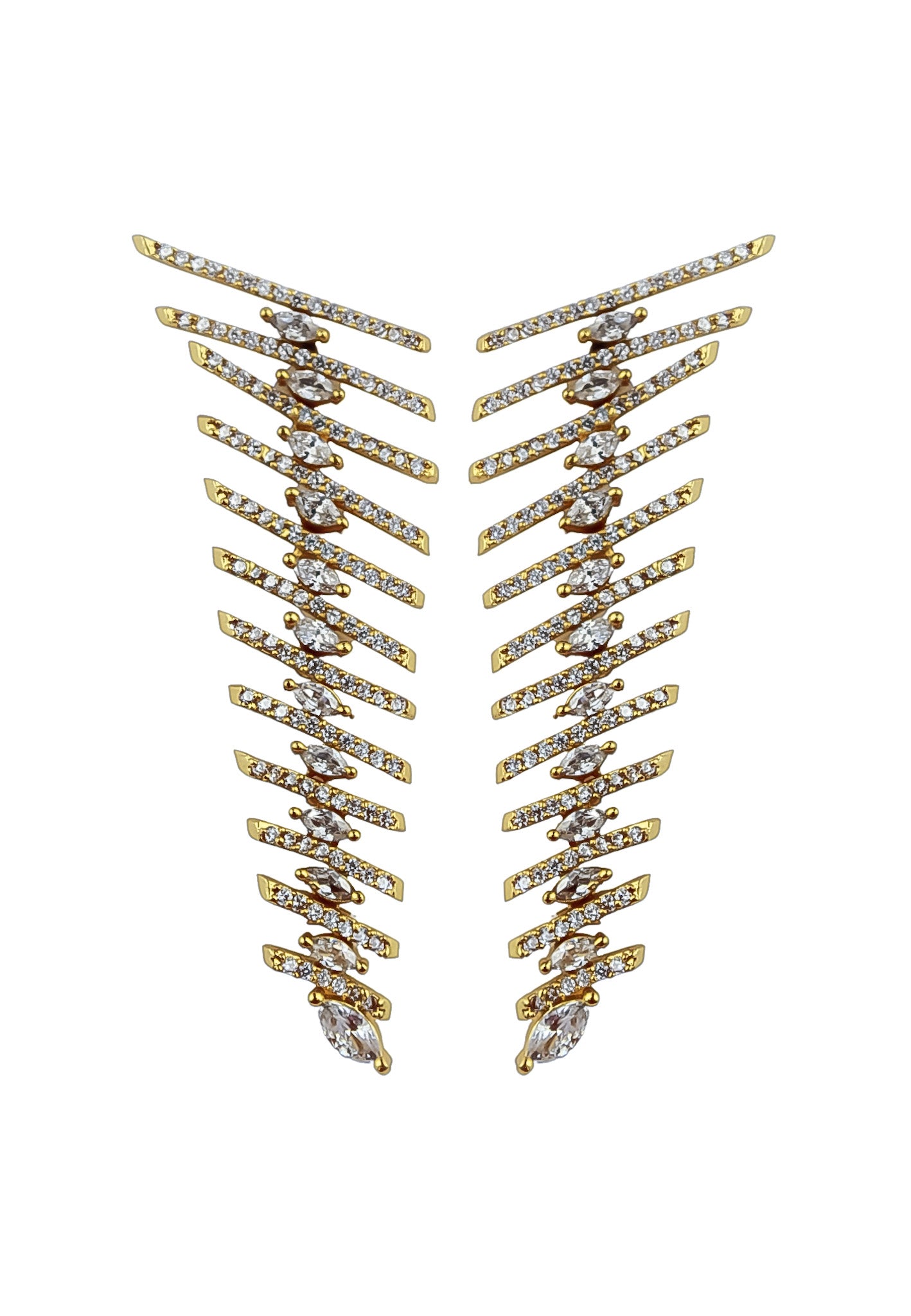 Elegant Fishbone Earrings in gold, silver, and rose-gold plating with zirconia stones, showcasing a modern design.