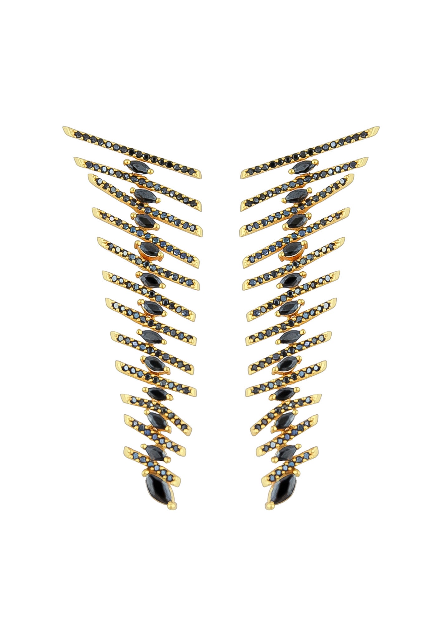 Elegant Fishbone Earrings in gold, silver, and rose-gold plating with zirconia stones, showcasing a modern design.