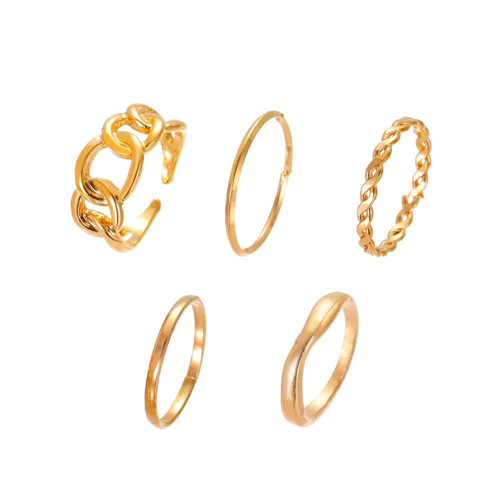 Five-Piece Ring Set featuring unique designs made from durable alloy, showcasing various sizes and styles for versatile wear.