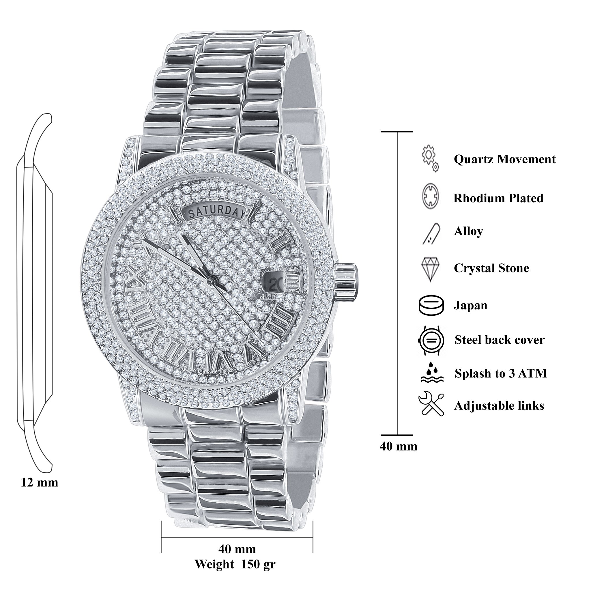 FLABBERGASTING BLING METAL WATCH showcasing its bling metal design, European crystal bezel, and adjustable links.