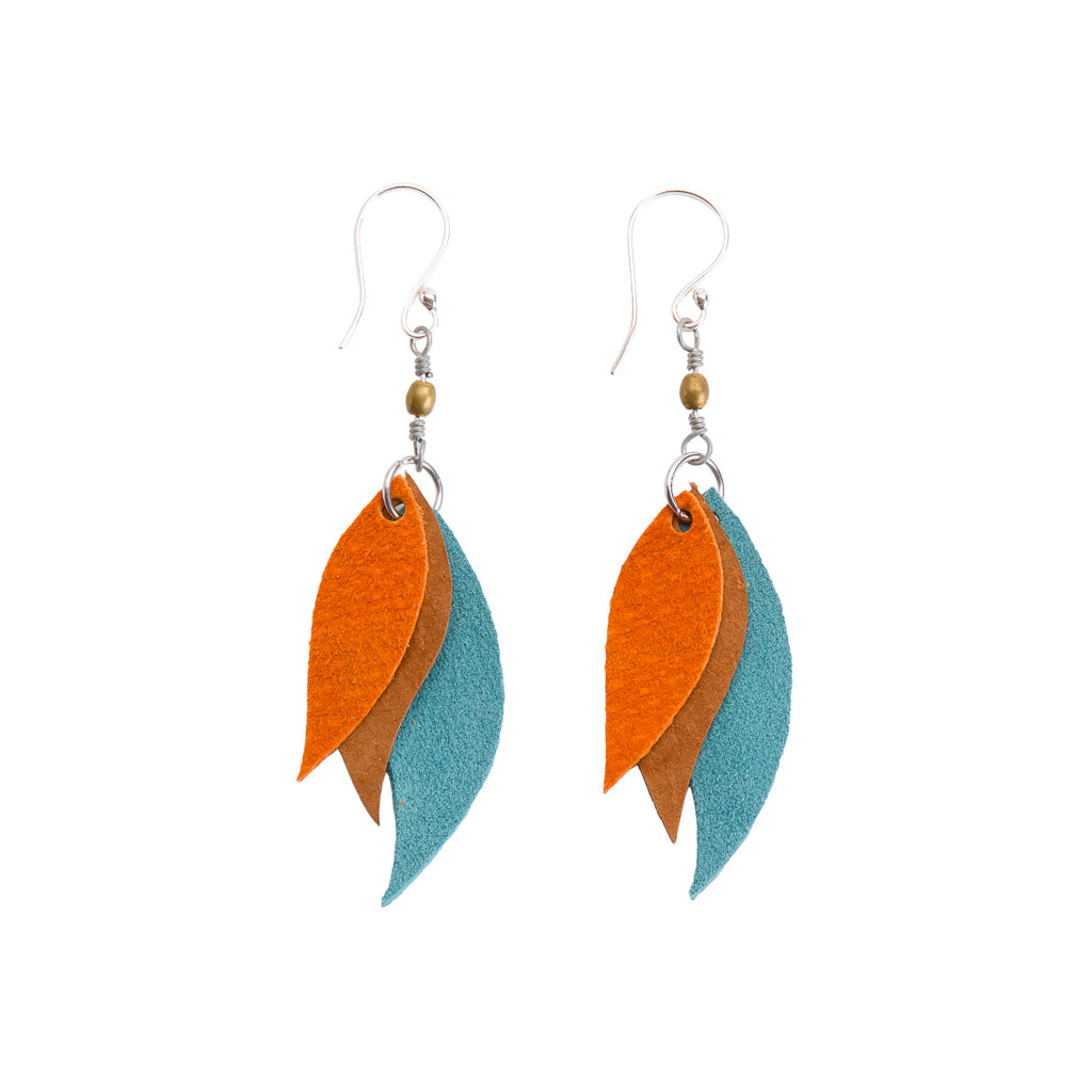 A pair of vibrant Flake Recycled Leather Earrings featuring a delicate leaf design, handcrafted from colorful leather offcuts.