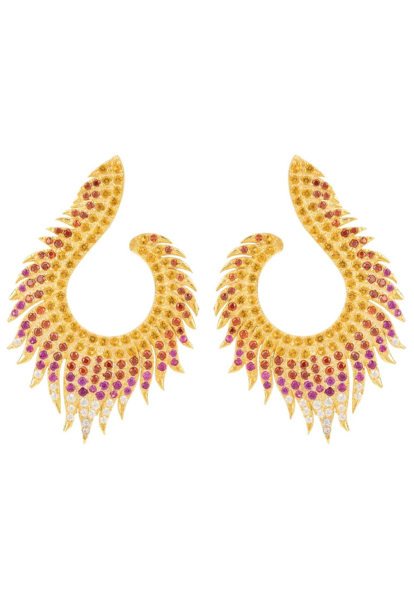 Flame Earrings Golden Fire Gold featuring a flame design with vibrant zirconia stones in orange, pink, and yellow, crafted from sterling silver and gold.