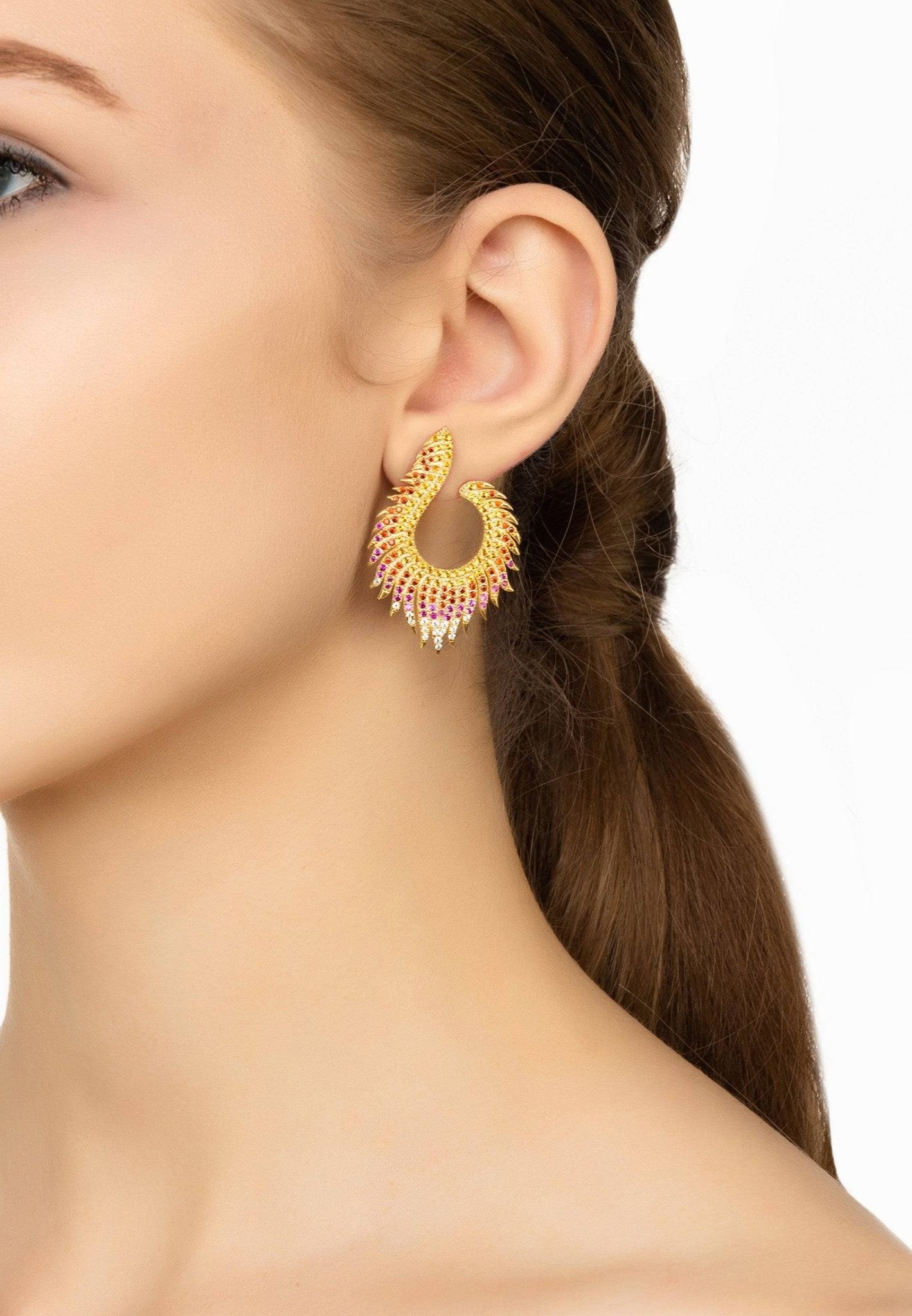 Flame Earrings Golden Fire Gold featuring a flame design with vibrant zirconia stones in orange, pink, and yellow, crafted from sterling silver and gold.