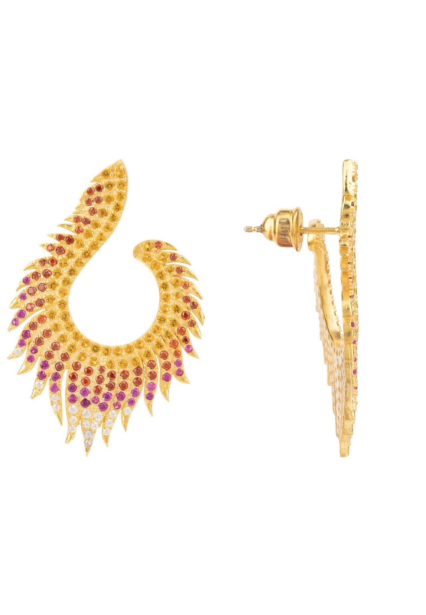 Flame Earrings Golden Fire Gold featuring a flame design with vibrant zirconia stones in orange, pink, and yellow, crafted from sterling silver and gold.