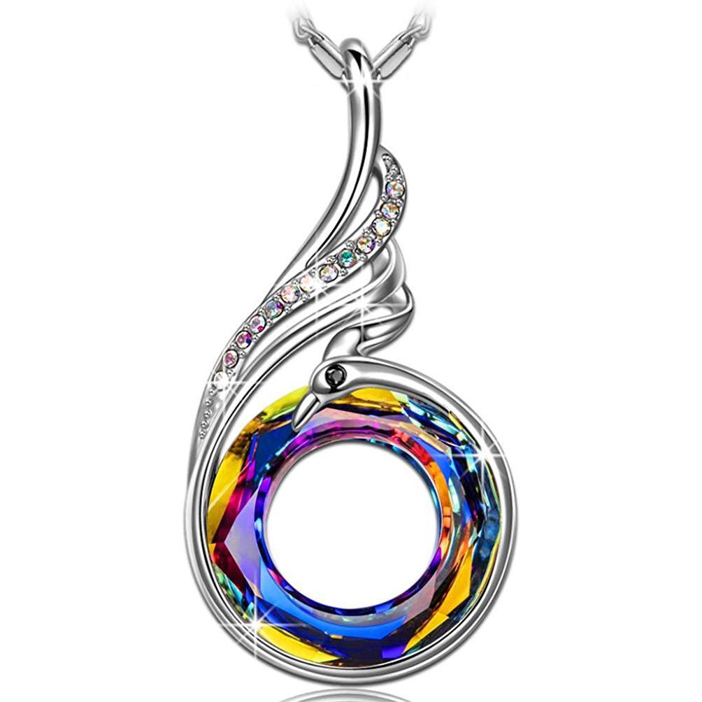 Flaming Phoenix Fire Swirl Necklace featuring 18K white gold plating and Austrian crystals, elegantly designed in Italy.