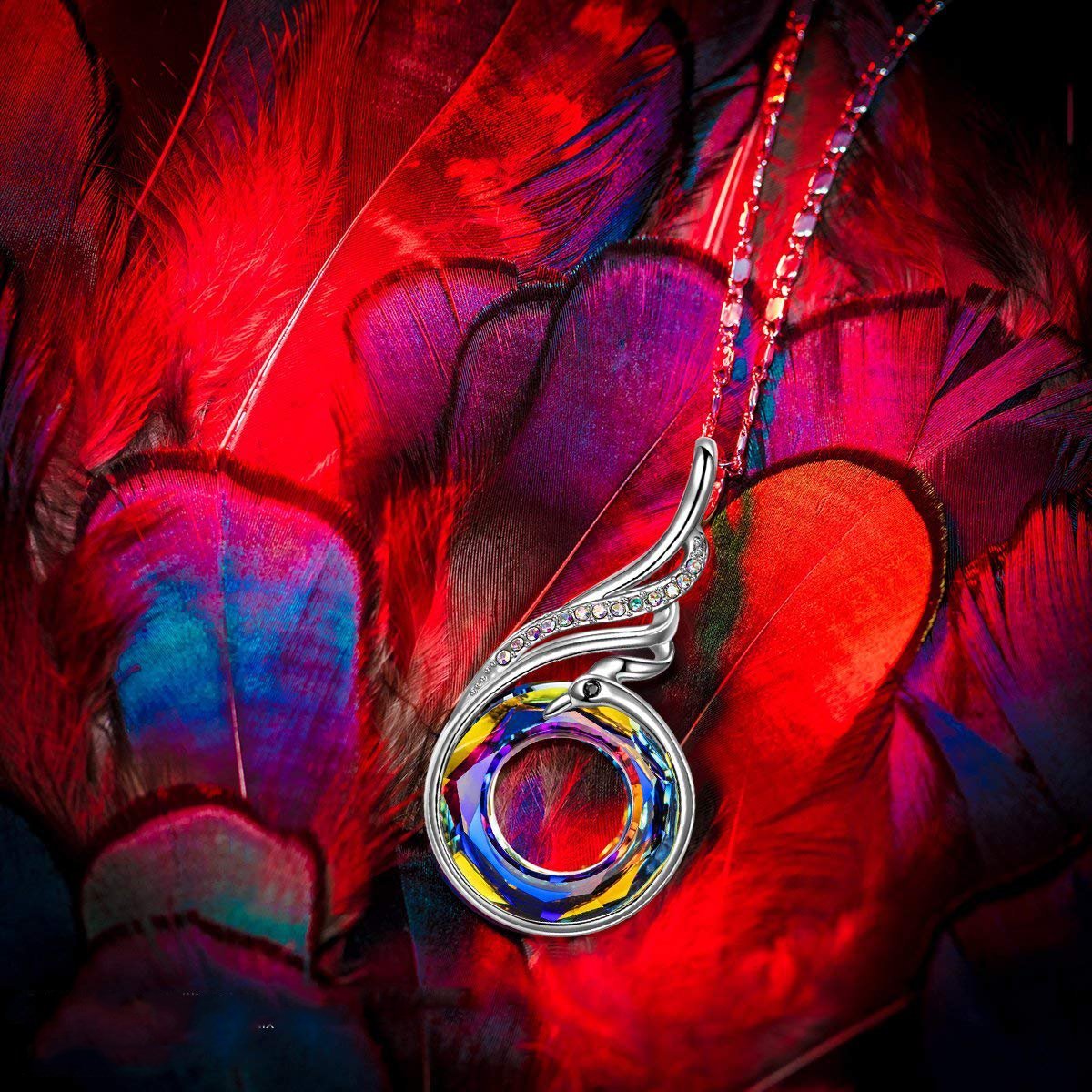 Flaming Phoenix Fire Swirl Necklace featuring 18K white gold plating and Austrian crystals, elegantly designed in Italy.