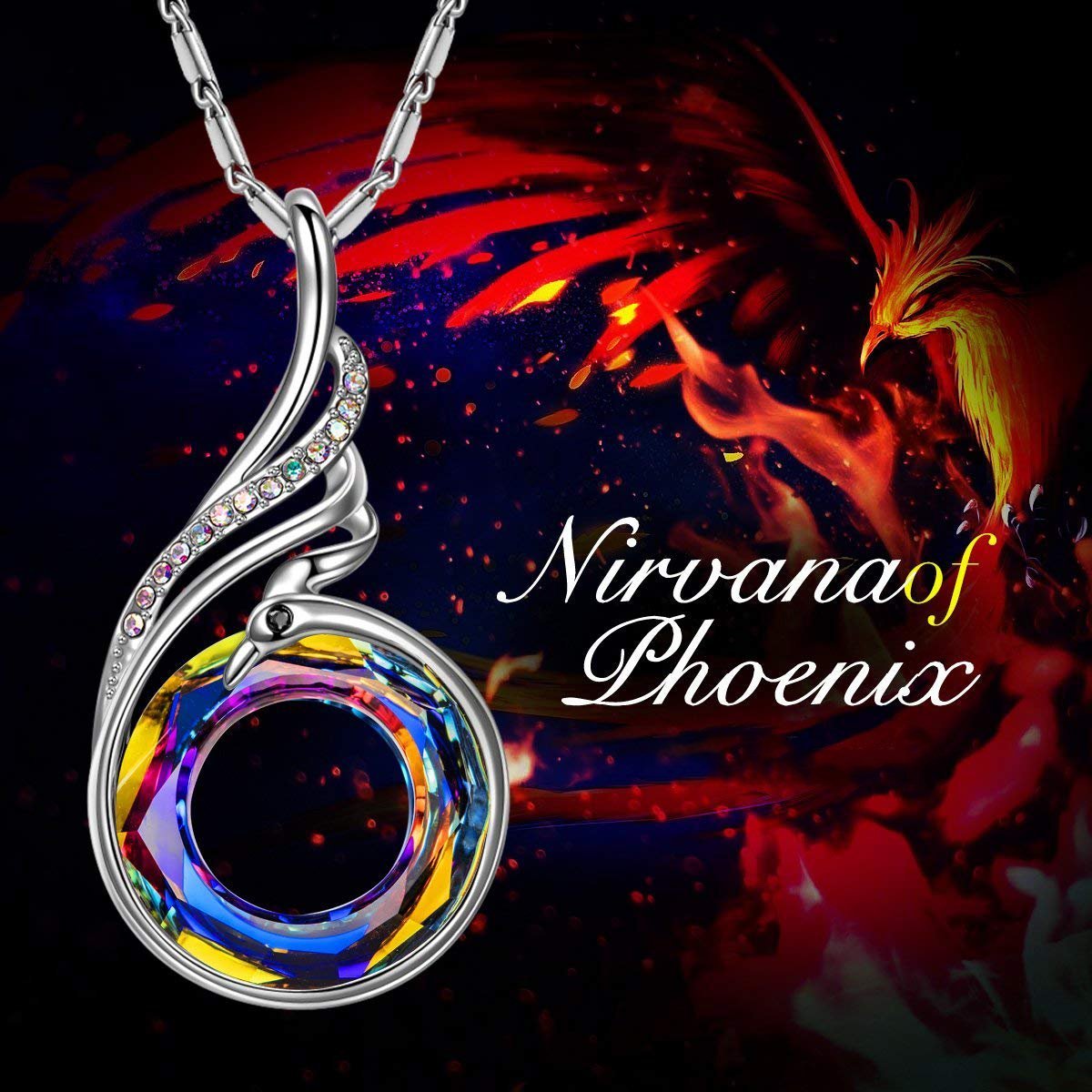 Flaming Phoenix Fire Swirl Necklace featuring 18K white gold plating and Austrian crystals, elegantly designed in Italy.