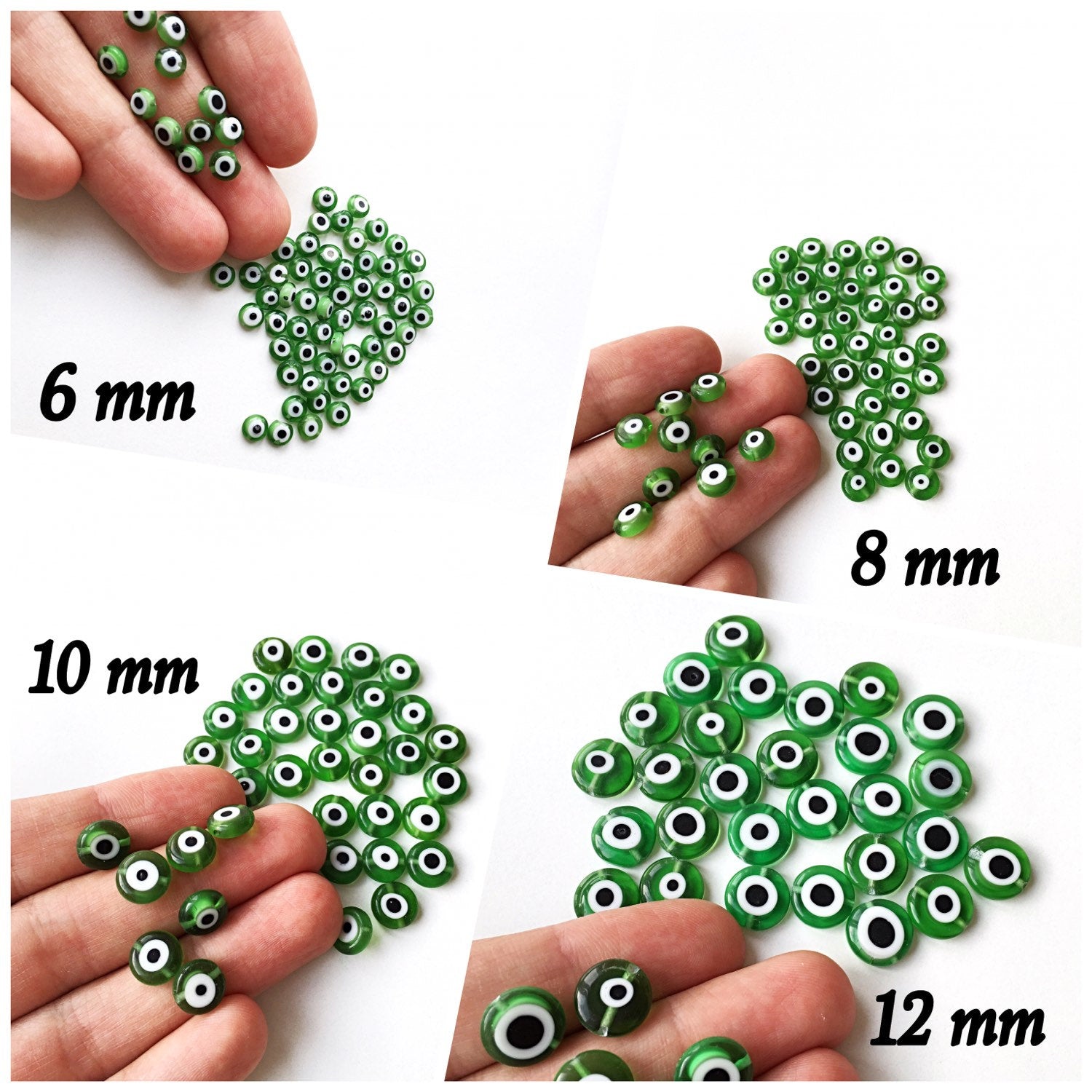 A collection of green flat evil eye glass beads in various sizes from 6mm to 12mm, showcasing their unique designs and vibrant color.