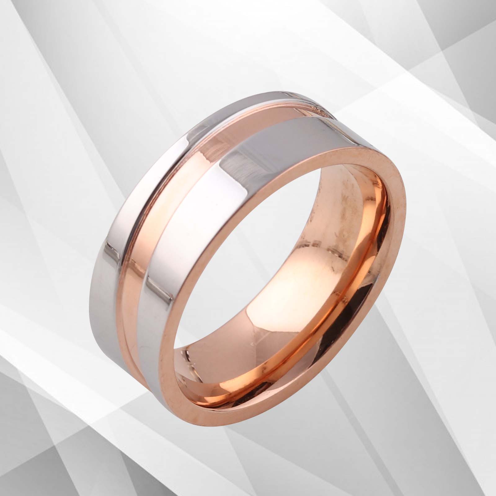 Flat Shaped 7mm Titanium Engagement Band Ring with 18Ct Rose and White Gold finish, showcasing its elegant design and comfort fit.