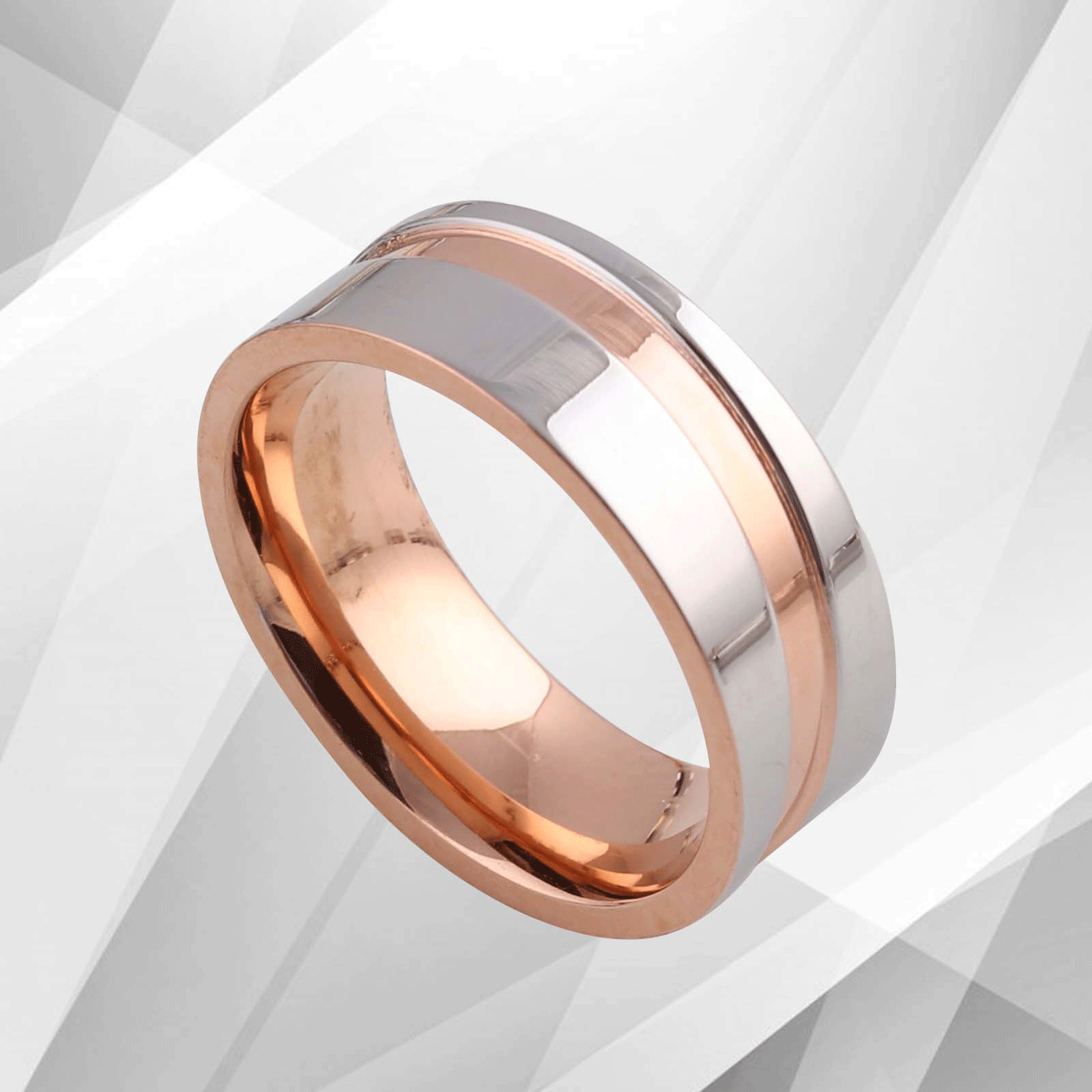 Flat Shaped 7mm Titanium Engagement Band Ring with 18Ct Rose and White Gold finish, showcasing its elegant design and comfort fit.